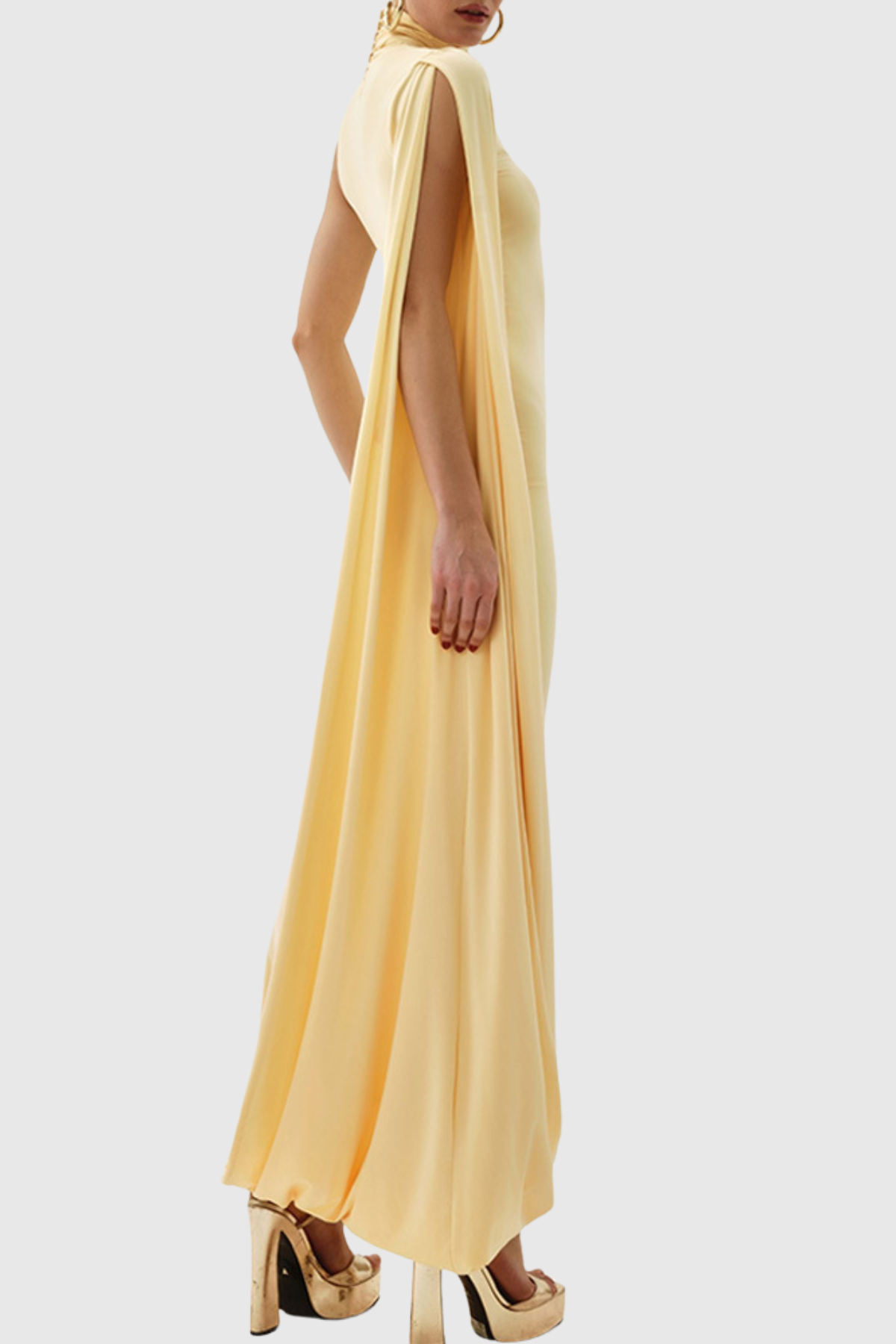 Jersey Asymmetrical Sleeve High Neck Midi Dress