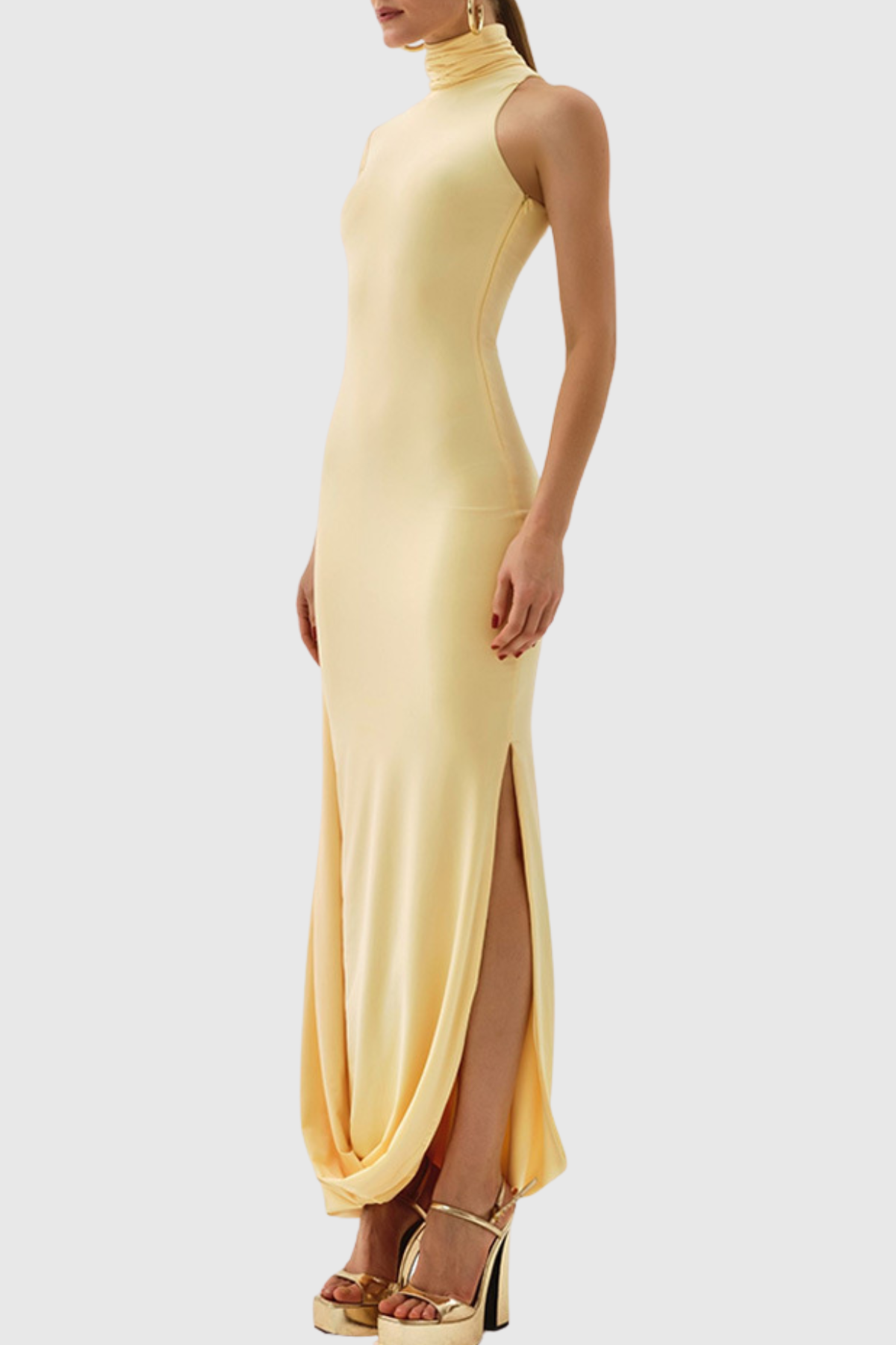 Jersey Asymmetrical Sleeve High Neck Midi Dress