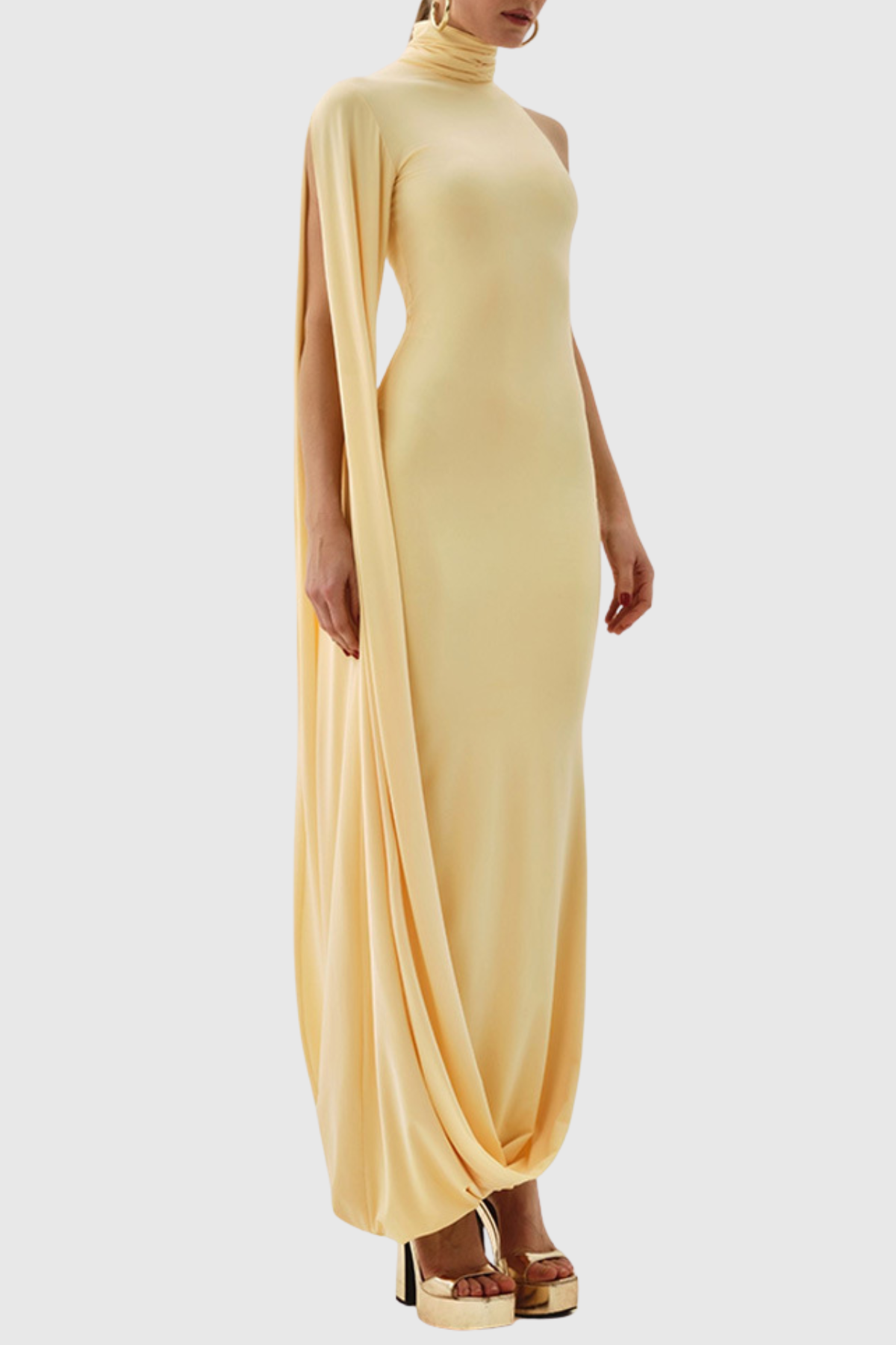 Jersey Asymmetrical Sleeve High Neck Midi Dress