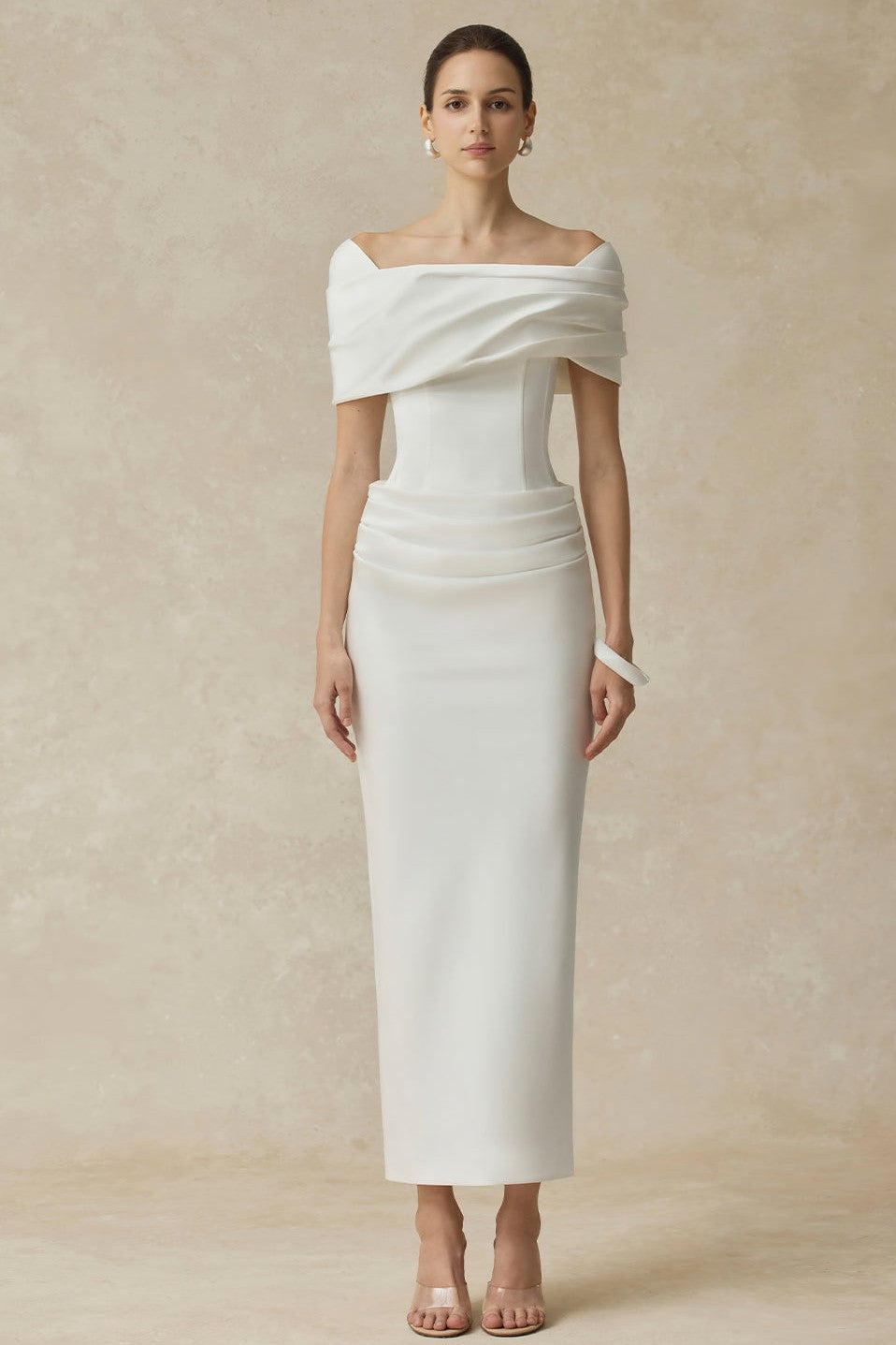 Solid Ruched Off Shoulder Midi Dress