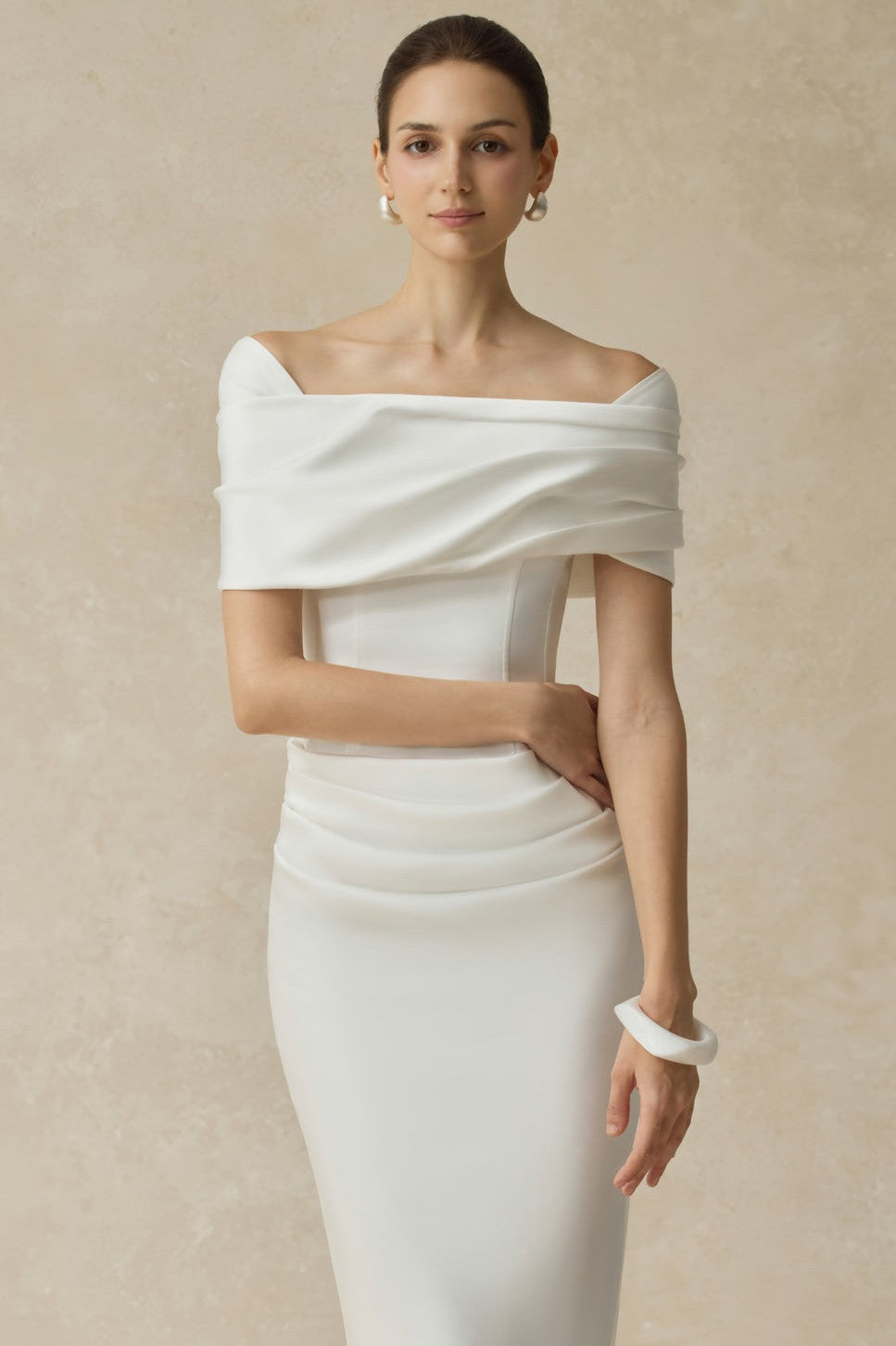 Solid Ruched Off Shoulder Midi Dress