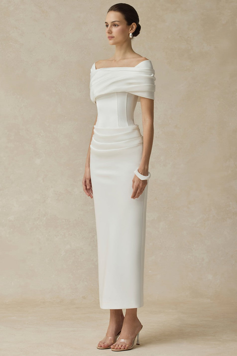 Solid Ruched Off Shoulder Midi Dress