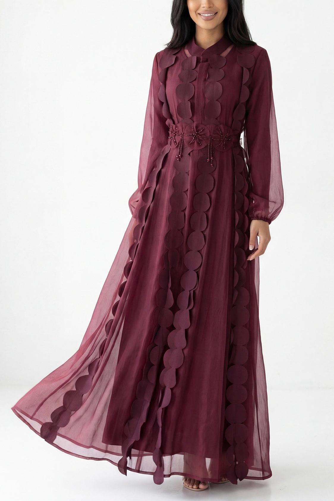 Organza Long Sleeve Midi Dress With 3D Flower Beaded Belt