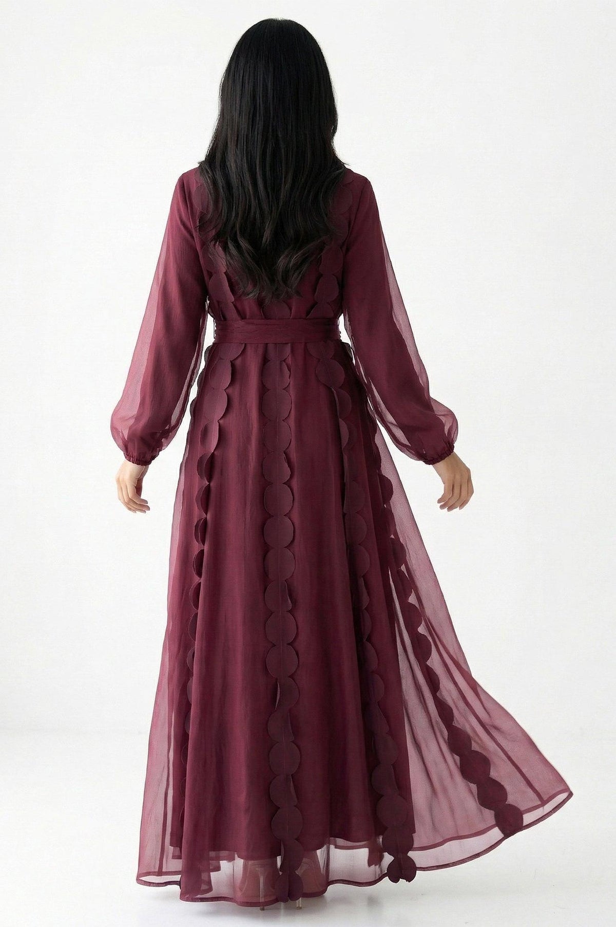 Organza Long Sleeve Midi Dress With 3D Flower Beaded Belt