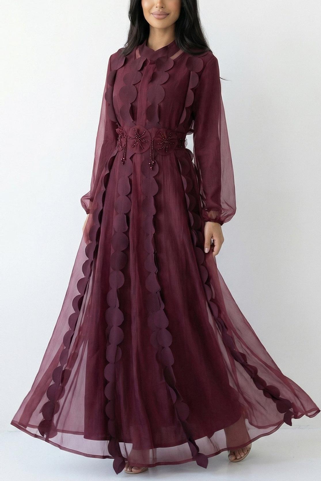Organza Long Sleeve Midi Dress With 3D Flower Beaded Belt