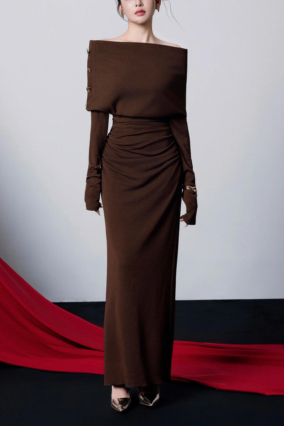 Jersey Metal Button Off Shoulder Midi Dress