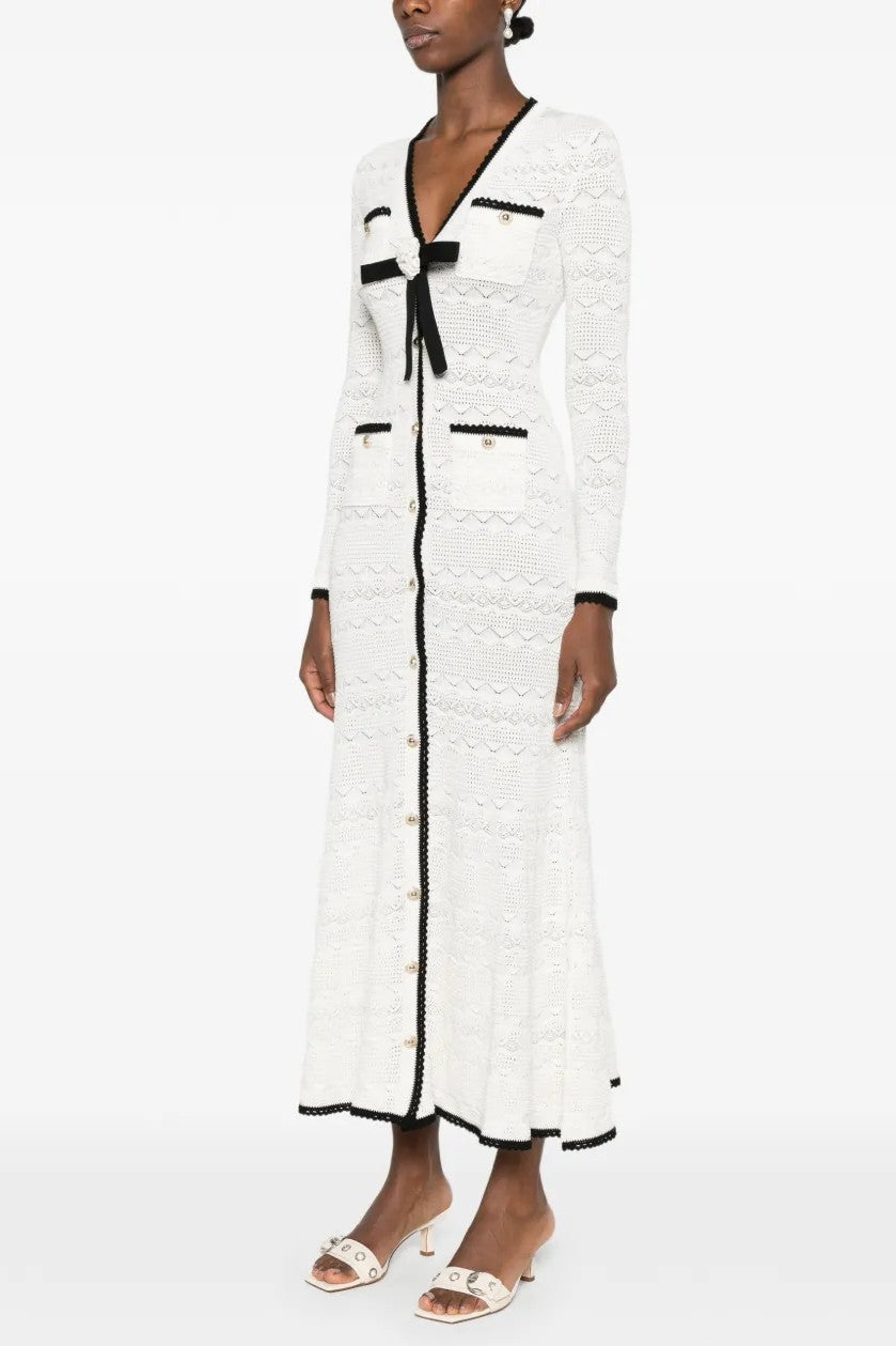 Contrast Color Bow Detail Pointelle Midi Dress