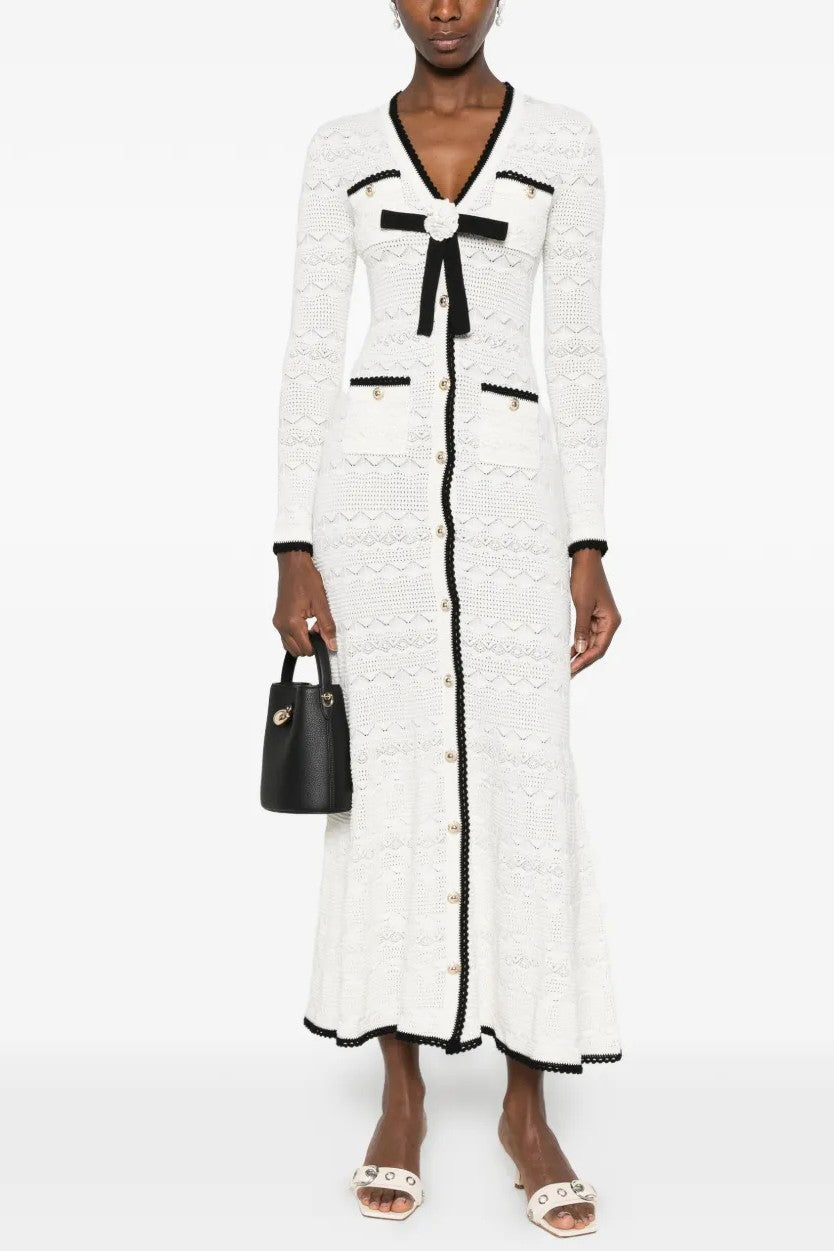 Contrast Color Bow Detail Pointelle Midi Dress