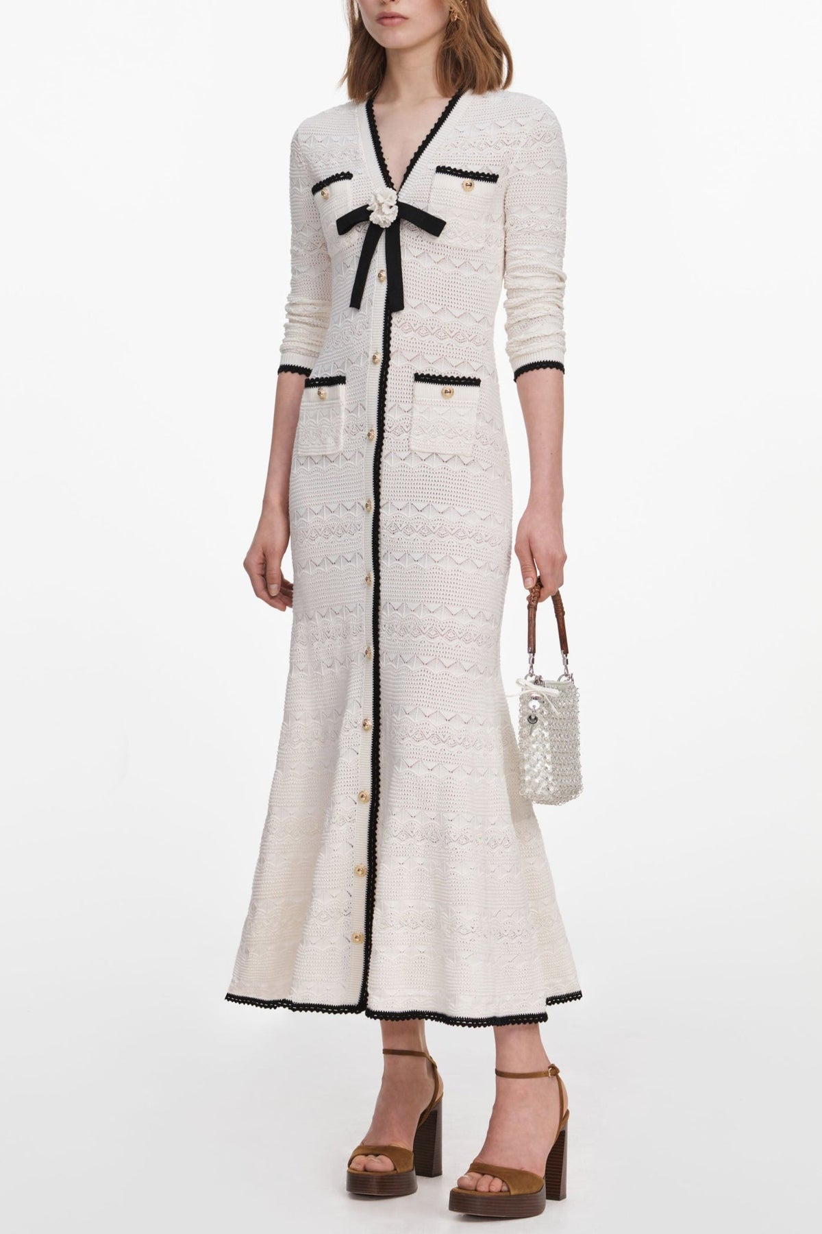 Contrast Color Bow Detail Pointelle Midi Dress
