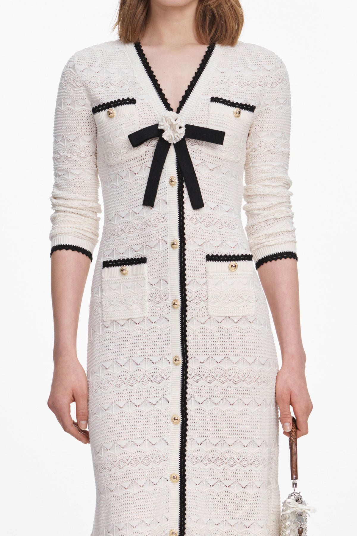 Contrast Color Bow Detail Pointelle Midi Dress