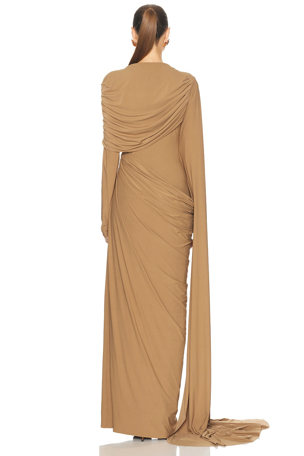 Asymmetrical Cape Sleeve Gathering Maxi Dress