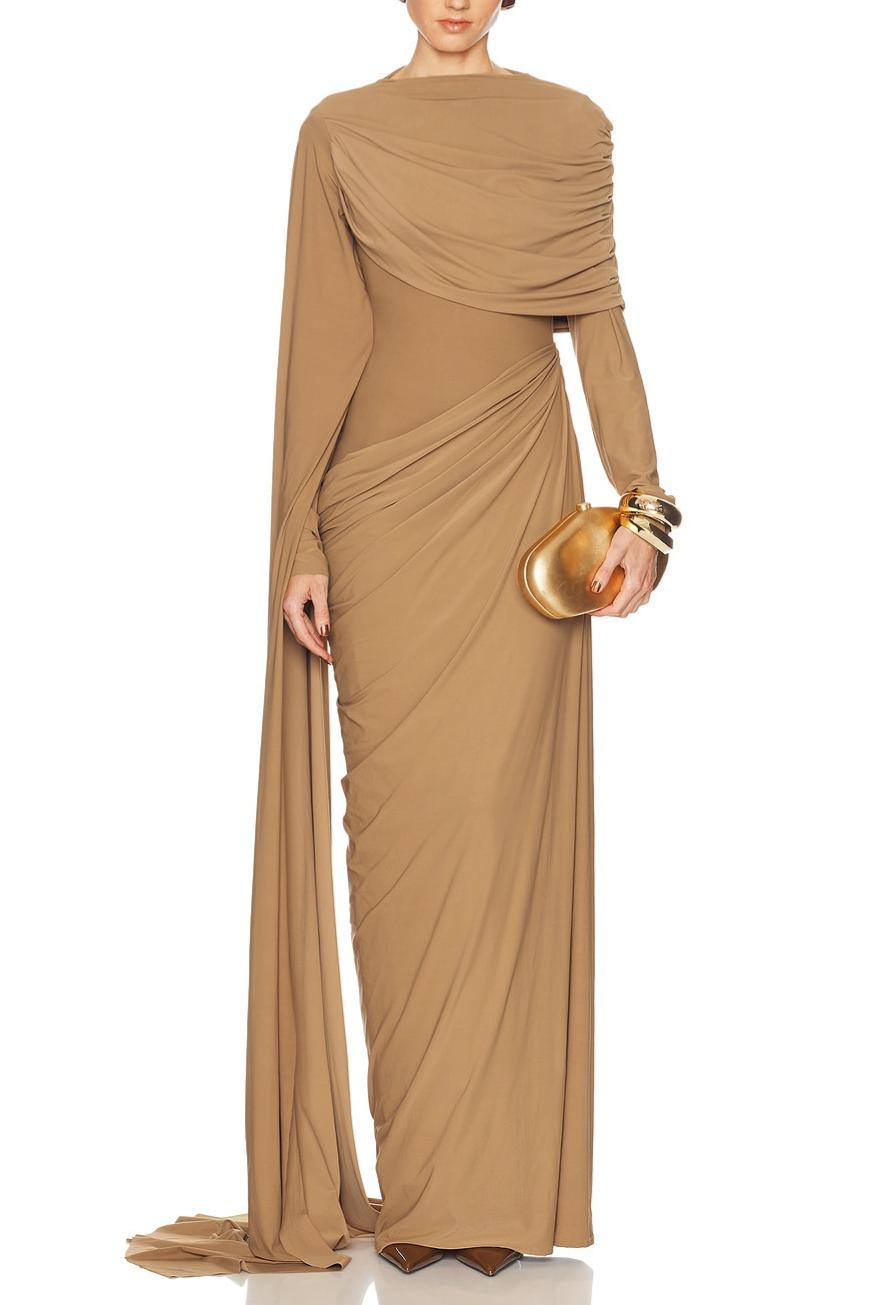 Asymmetrical Cape Sleeve Gathering Maxi Dress