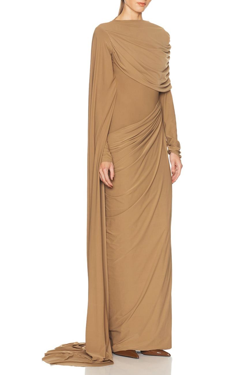 Asymmetrical Cape Sleeve Gathering Maxi Dress