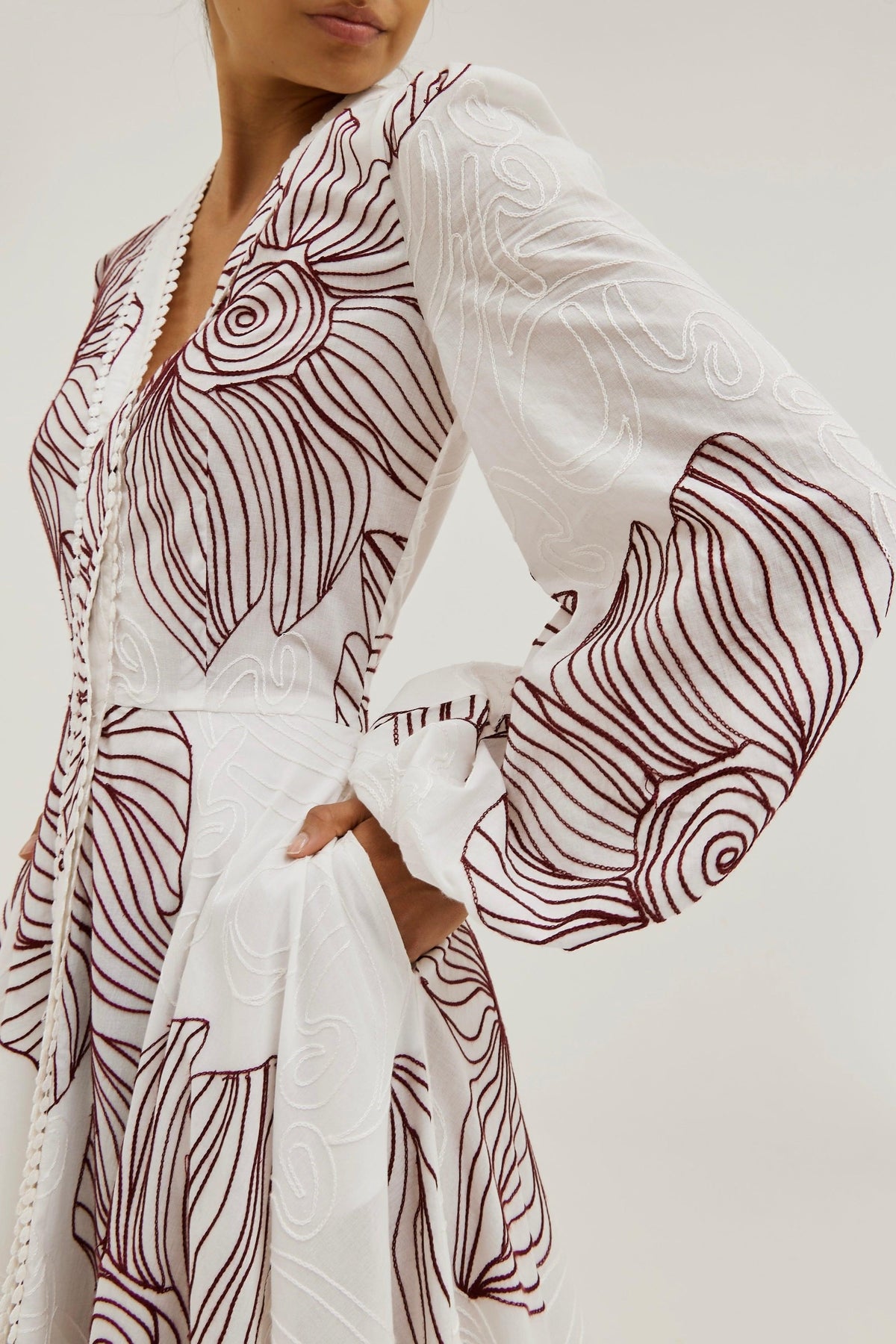 Embroidery Lace-Up V-Neck Midi Dress