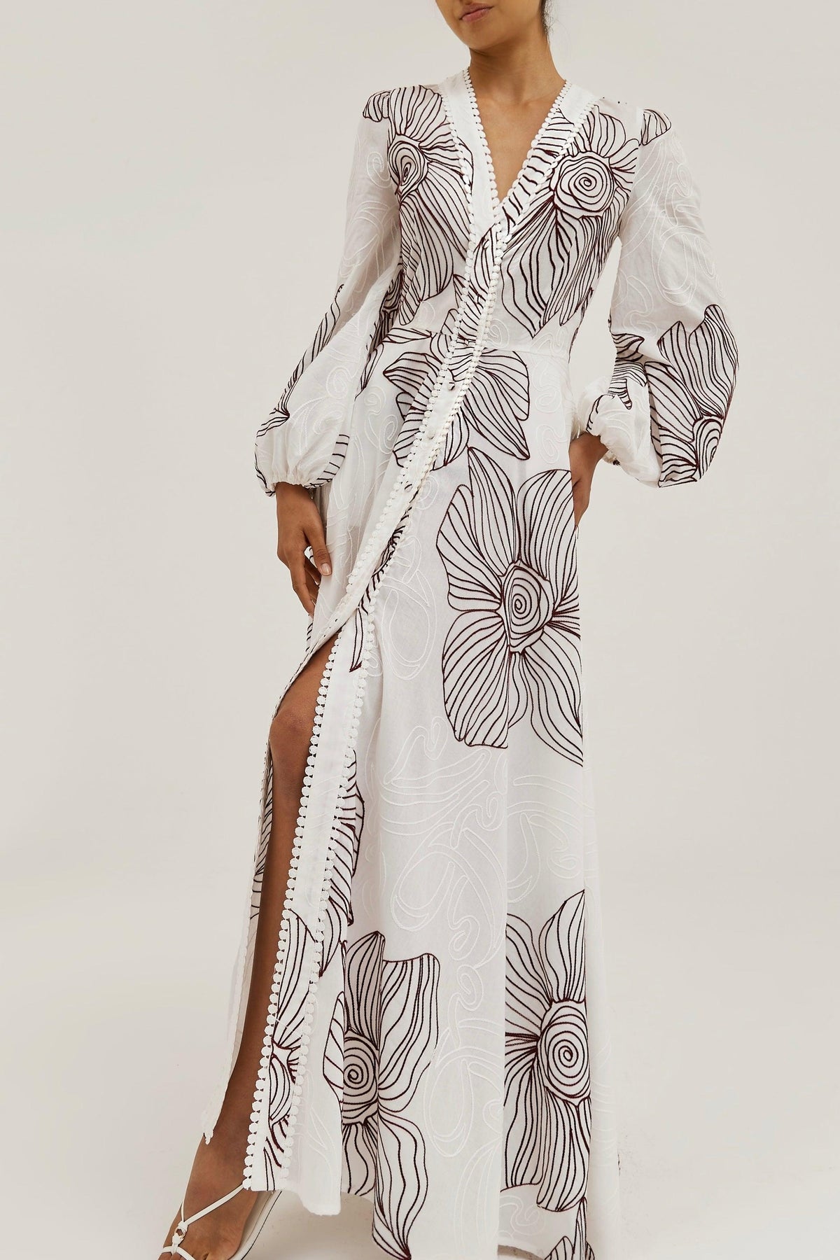 Embroidery Lace-Up V-Neck Midi Dress