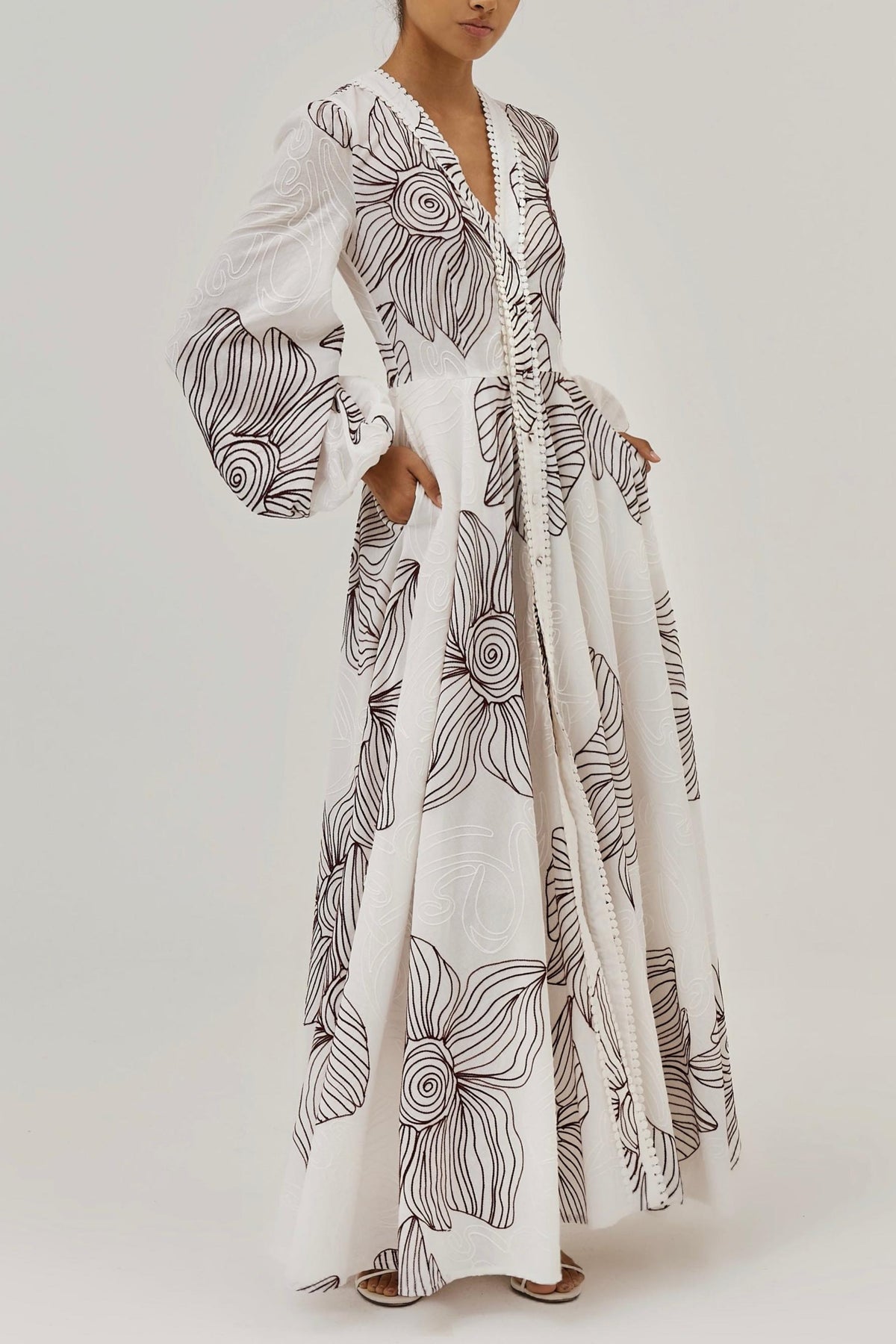Embroidery Lace-Up V-Neck Midi Dress