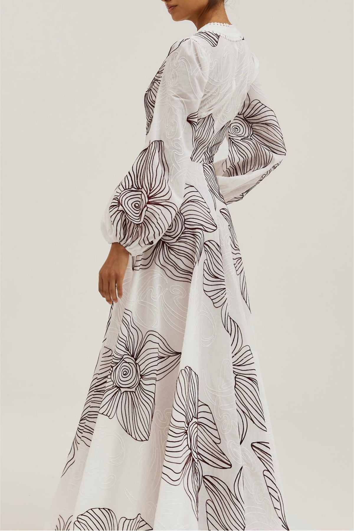 Embroidery Lace-Up V-Neck Midi Dress