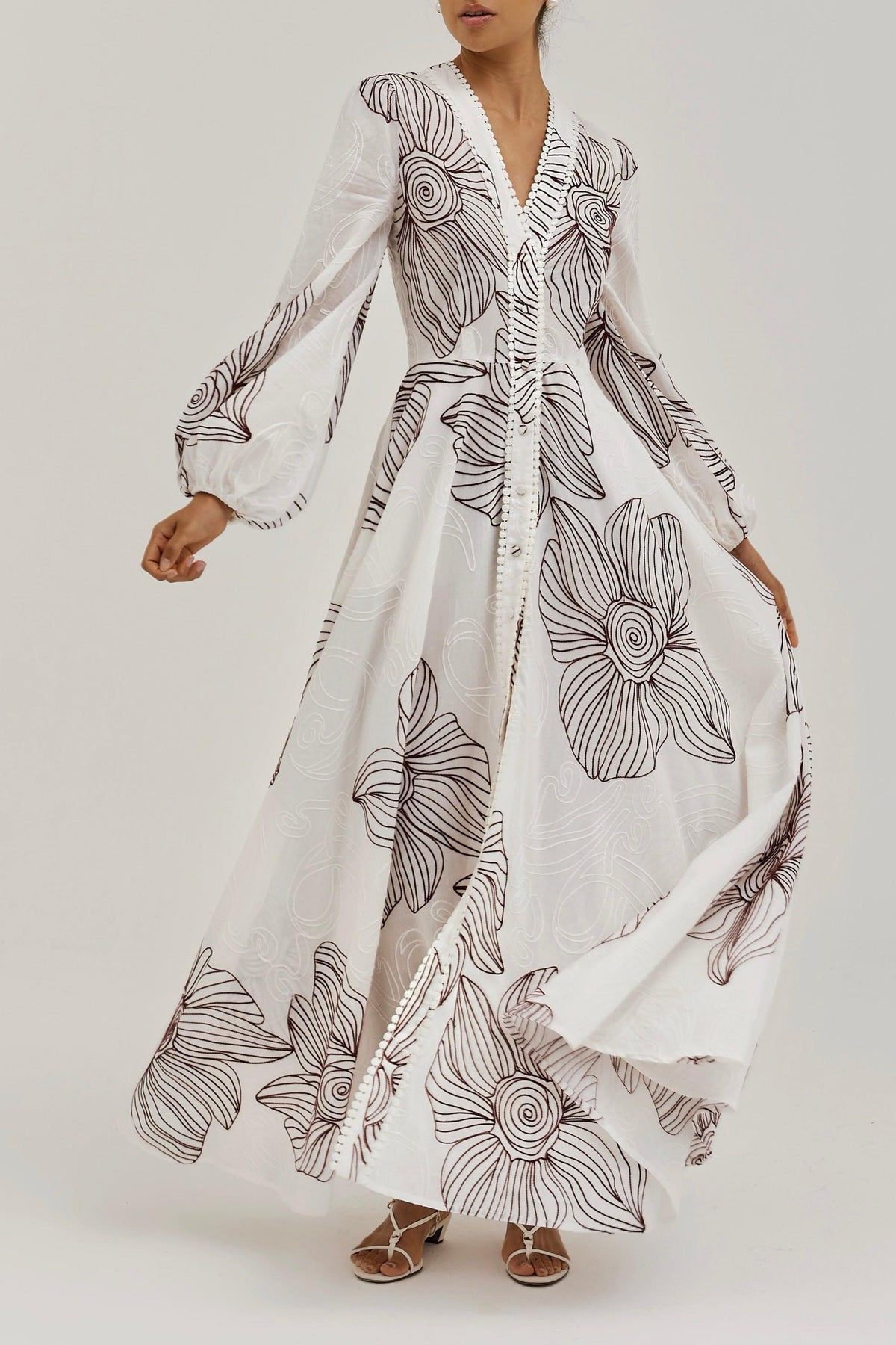 Embroidery Lace-Up V-Neck Midi Dress