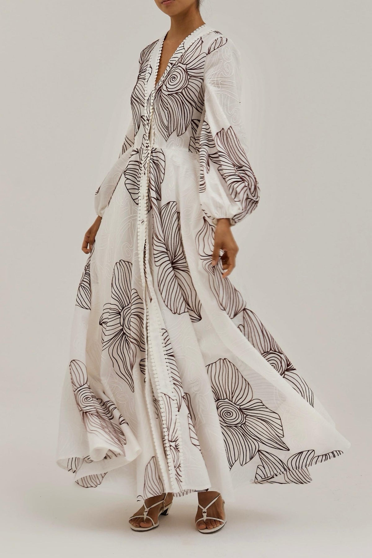 Embroidery Lace-Up V-Neck Midi Dress
