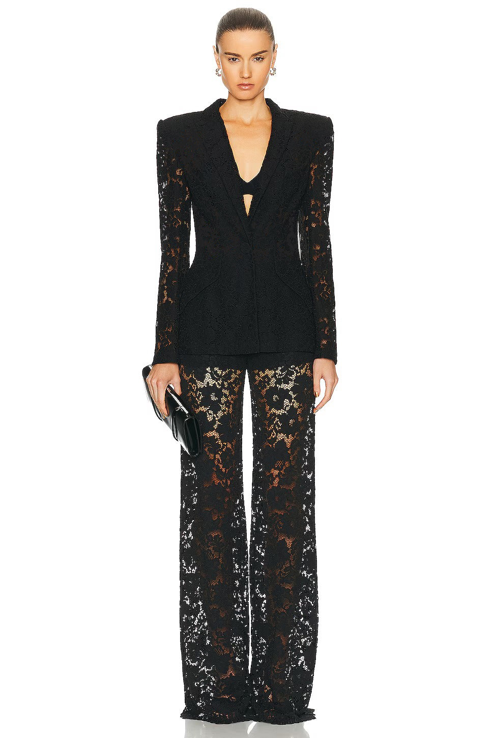 Lace Fitted Blazer & Flared High Waist Pants Set
