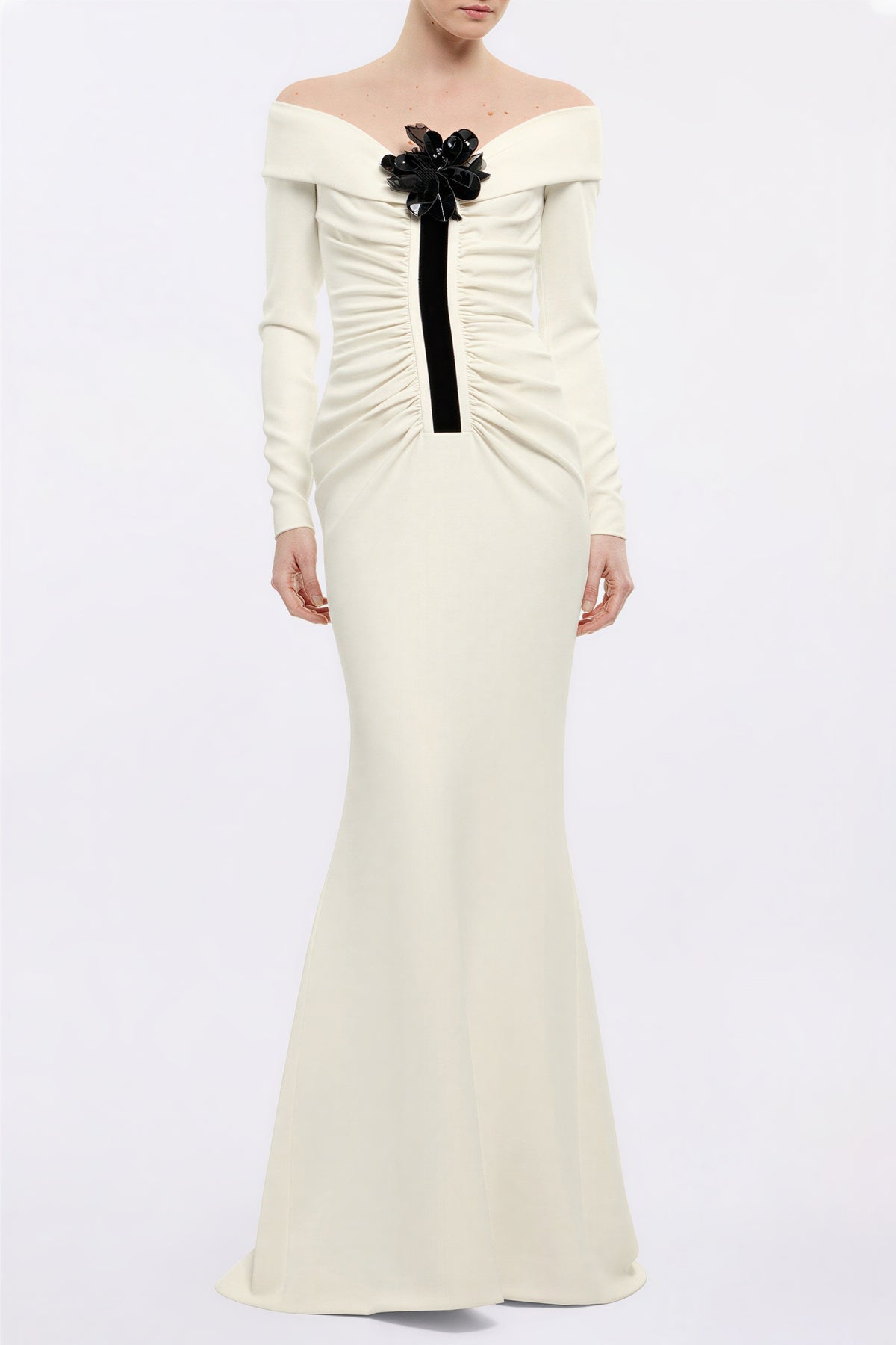 3D Flower Off Shoulder Gathering Maxi Dress