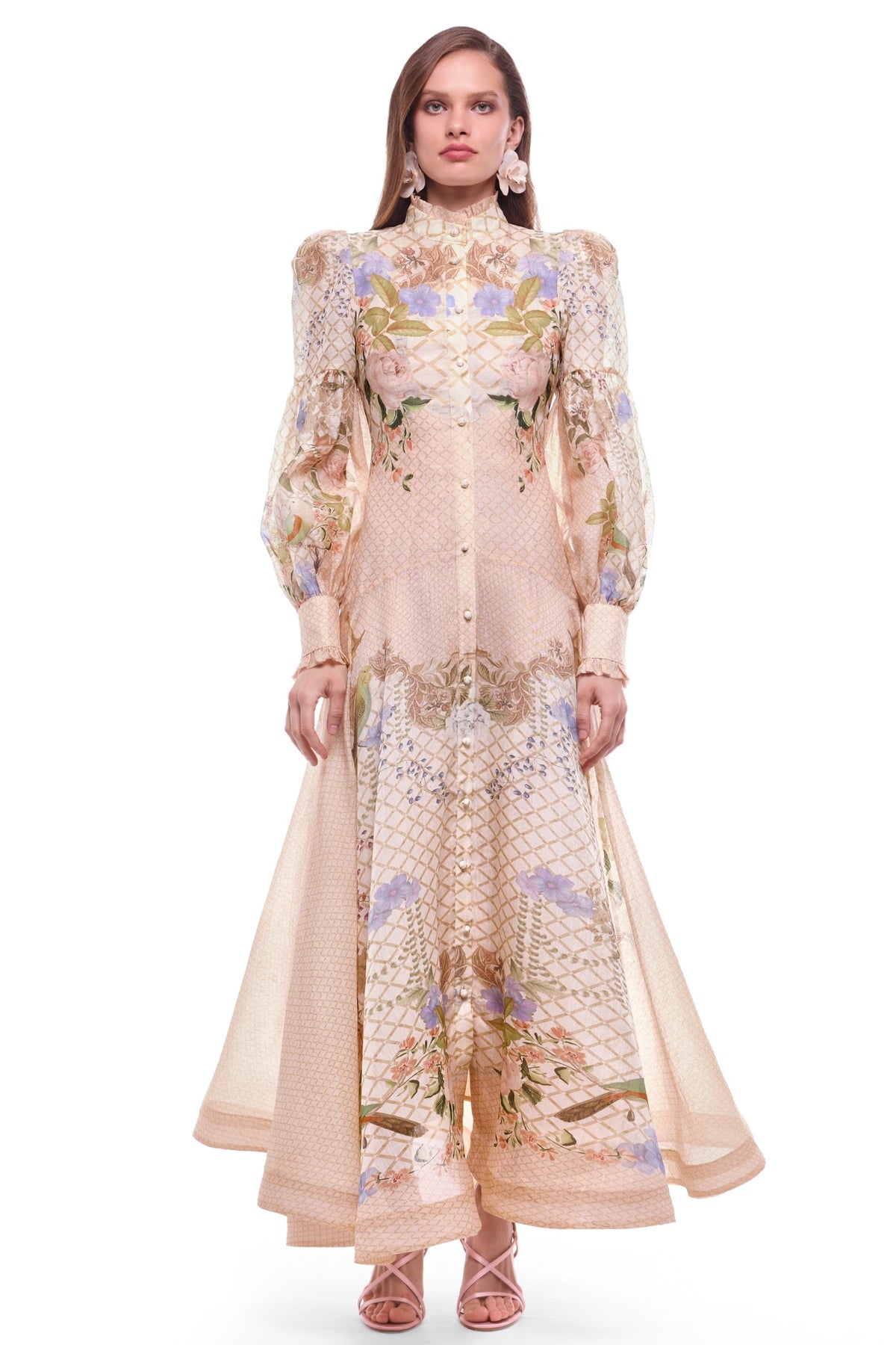 Floral Lantern Sleeve Midi Dress With Belt