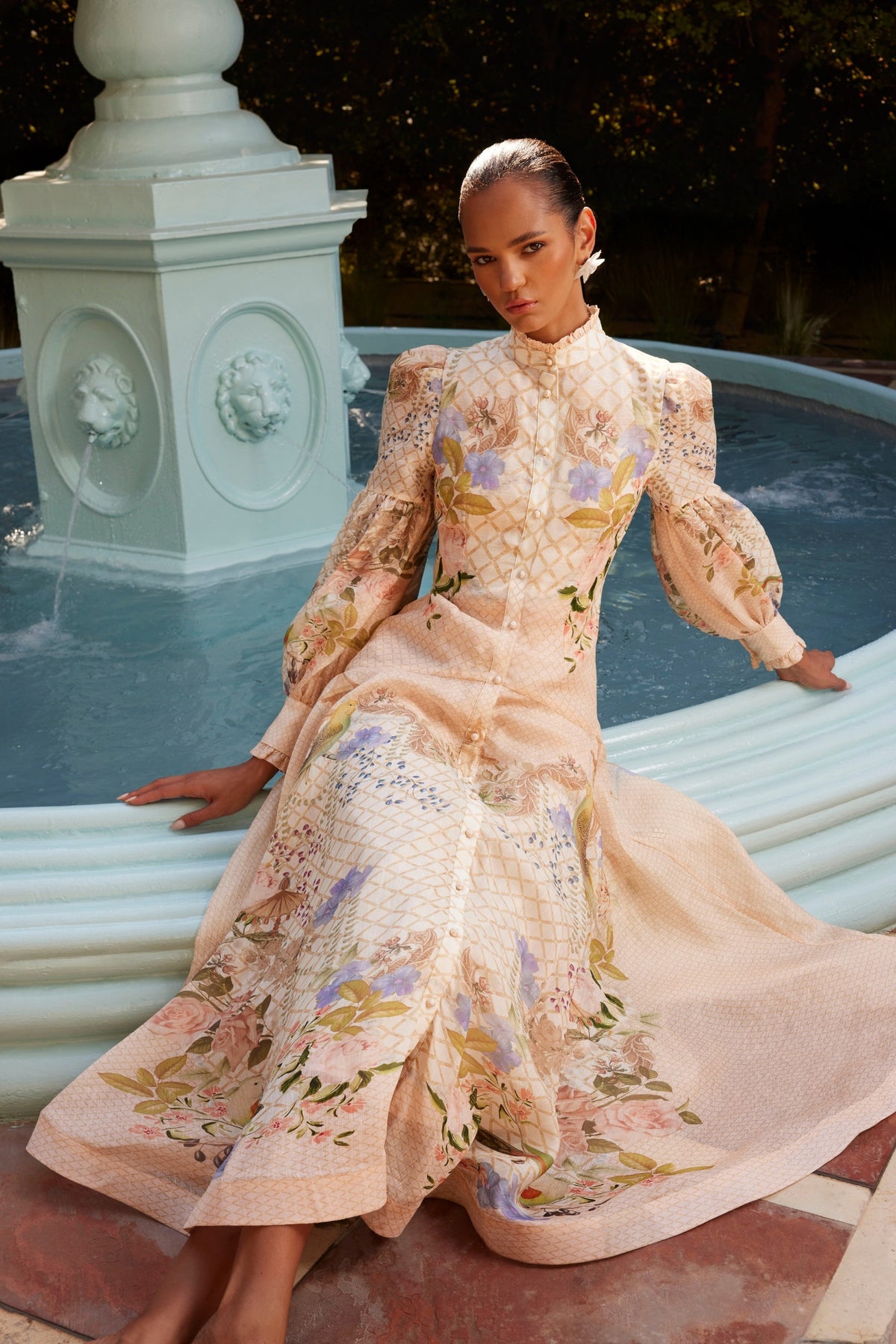 Floral Lantern Sleeve Midi Dress With Belt