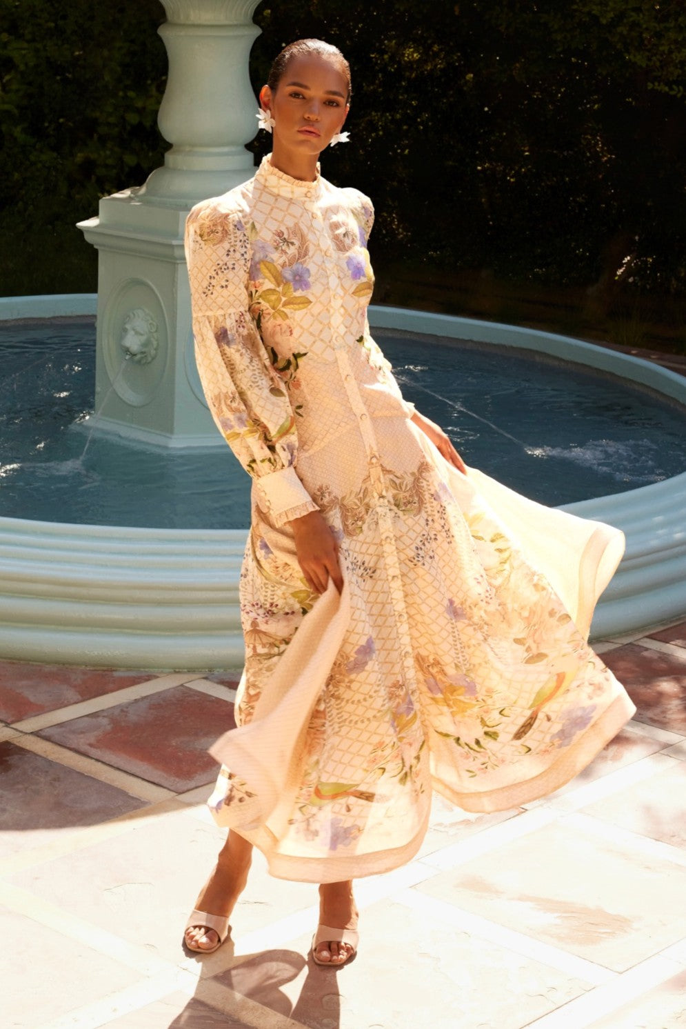 Floral Lantern Sleeve Midi Dress With Belt