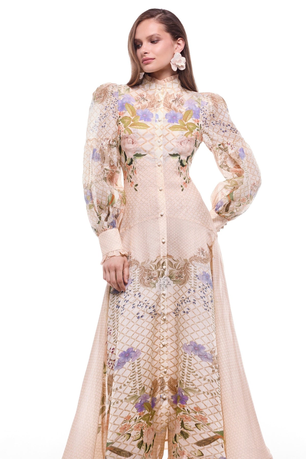 Floral Lantern Sleeve Midi Dress With Belt