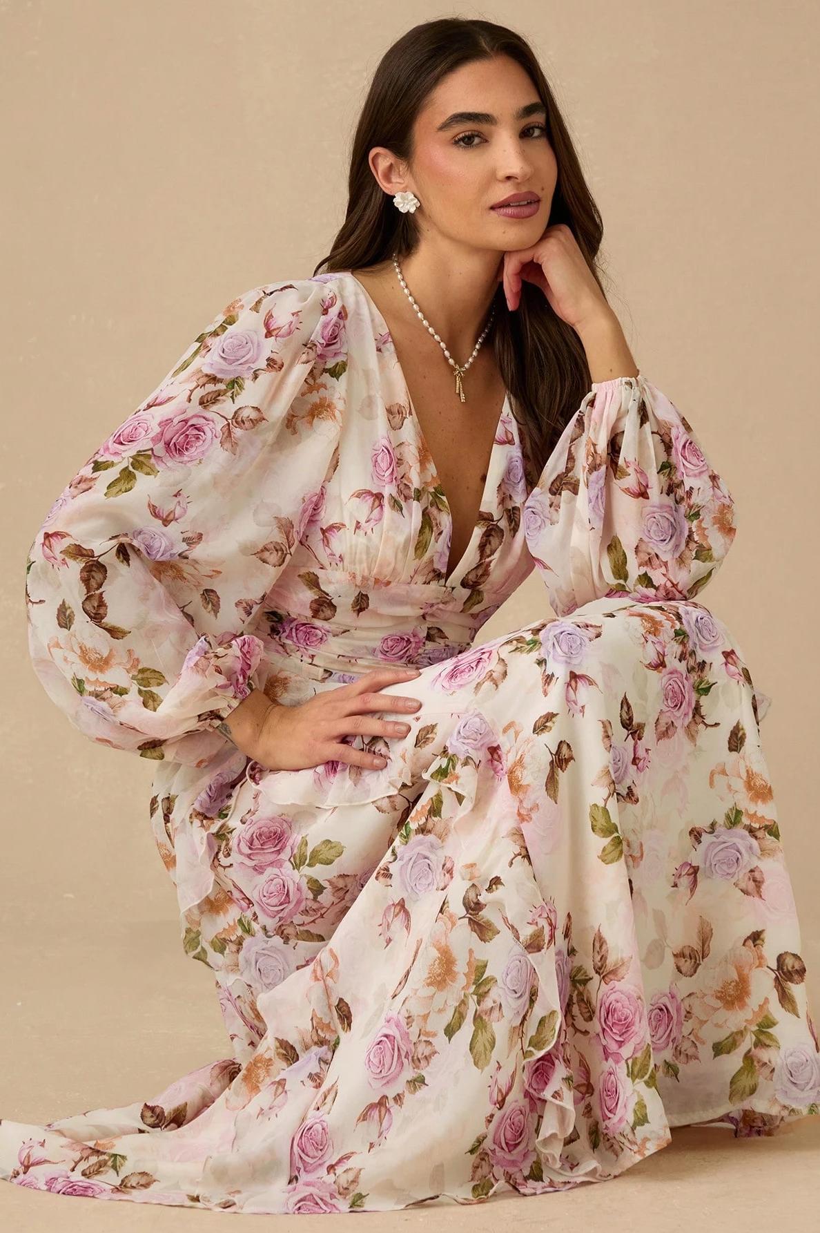 Floral Print Frill V-Neck Midi Dress