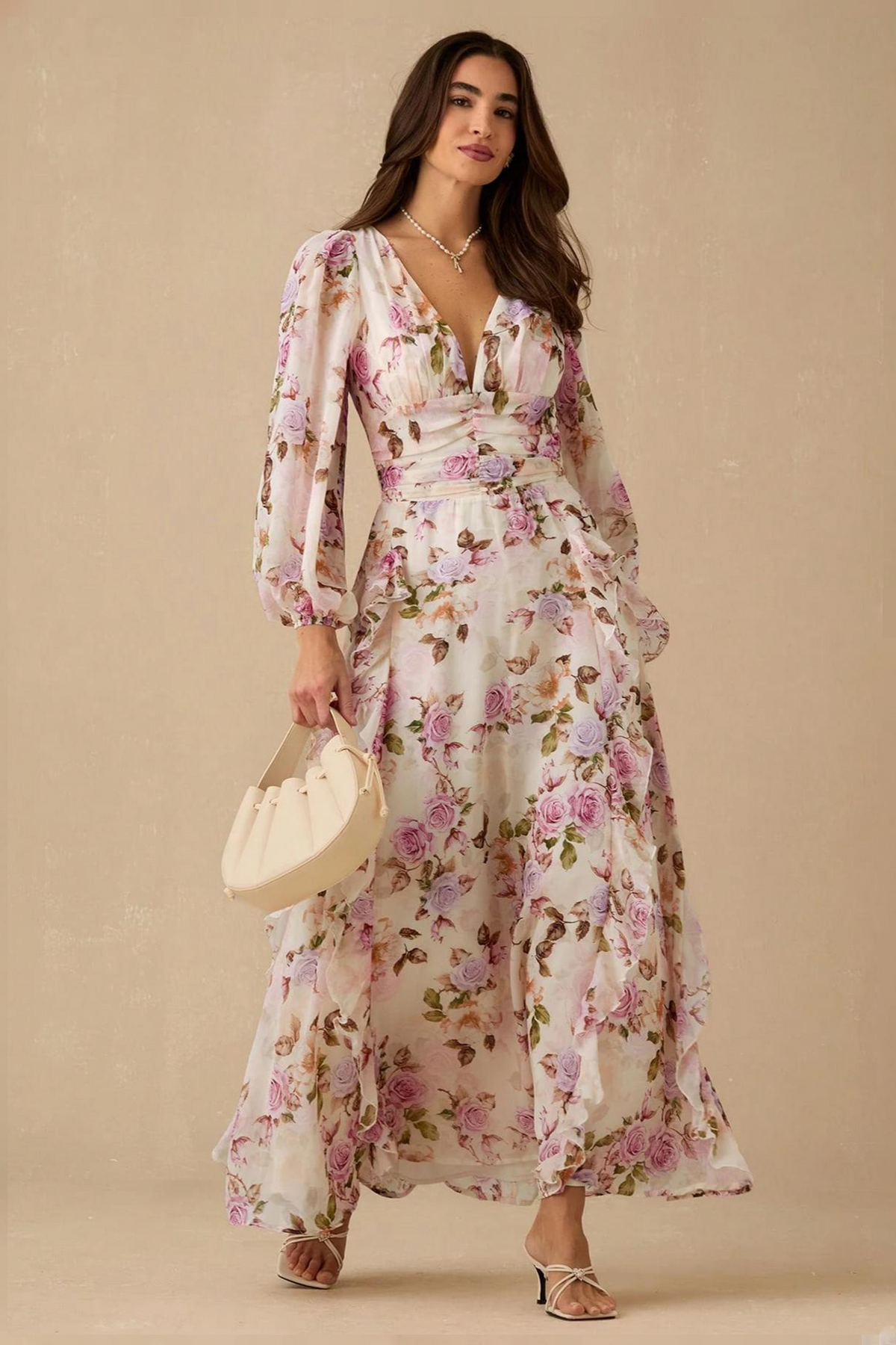 Floral Print Frill V-Neck Midi Dress