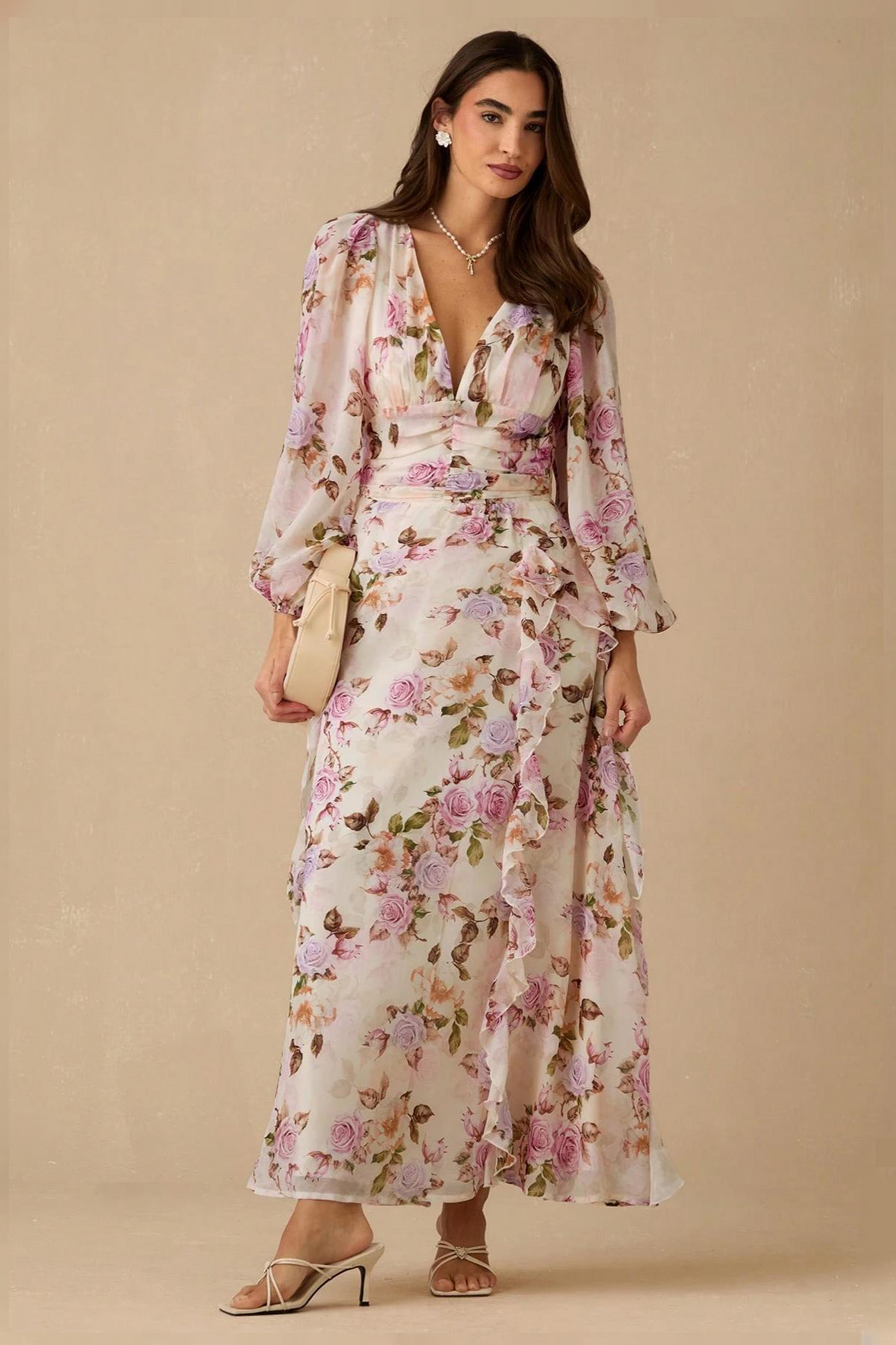 Floral Print Frill V-Neck Midi Dress