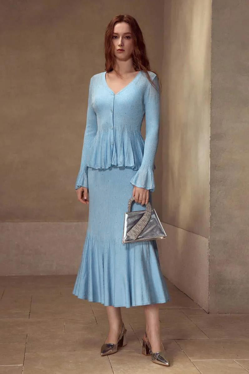 Rhinestone Ruffle Cardigan & High Waist Midi Skirt Set