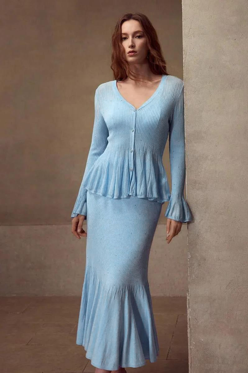 Rhinestone Ruffle Cardigan & High Waist Midi Skirt Set