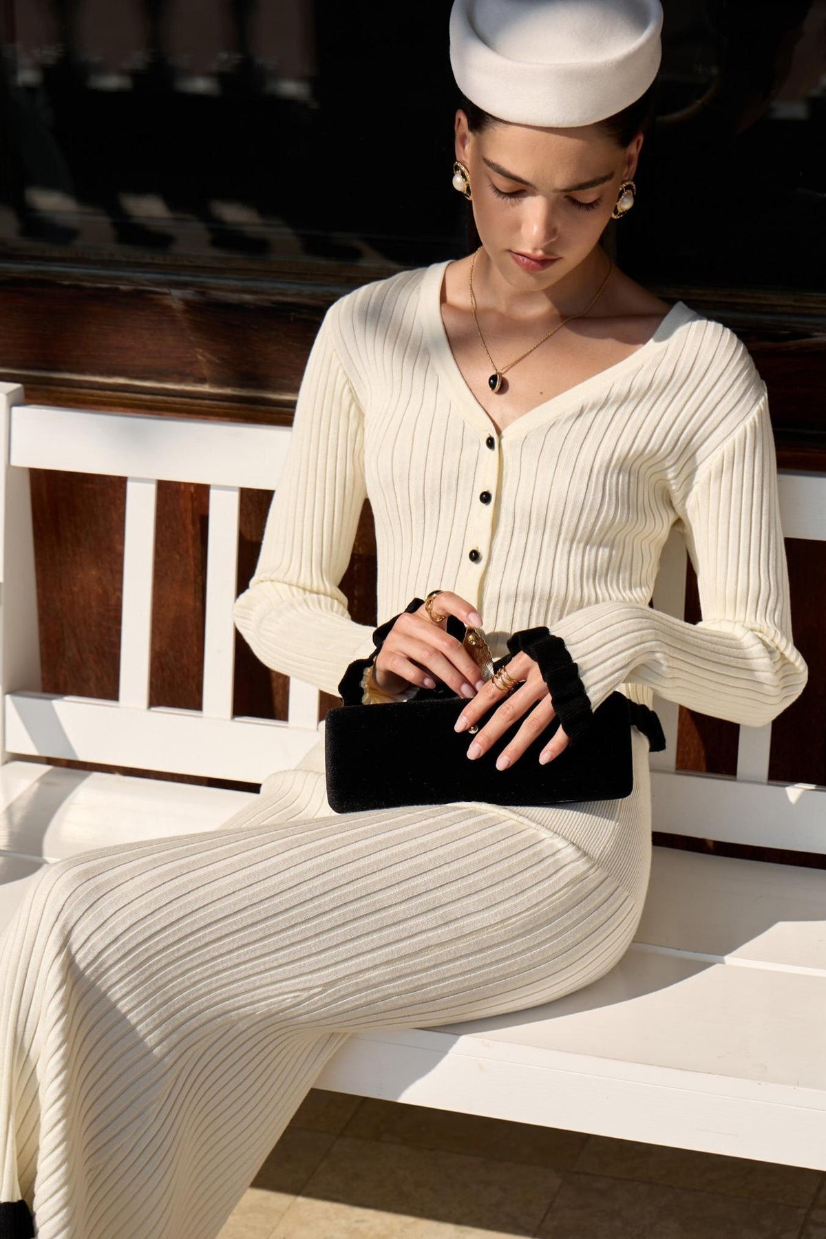 Contrast Color Frill Cardigan & High Waist Midi Skirt Set