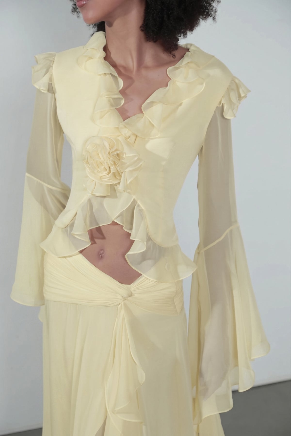 V-Neck Bell Sleeve Top & High Waist Maxi Skirt Set