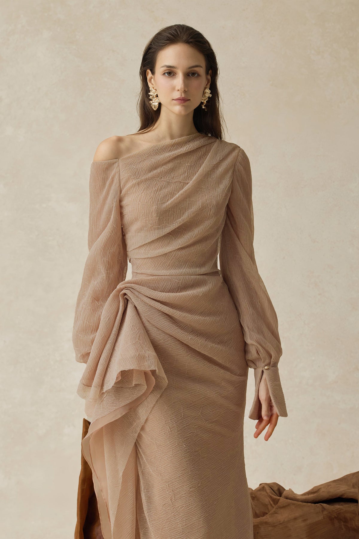 Skew Collar Gathering Long Sleeve Midi Dress