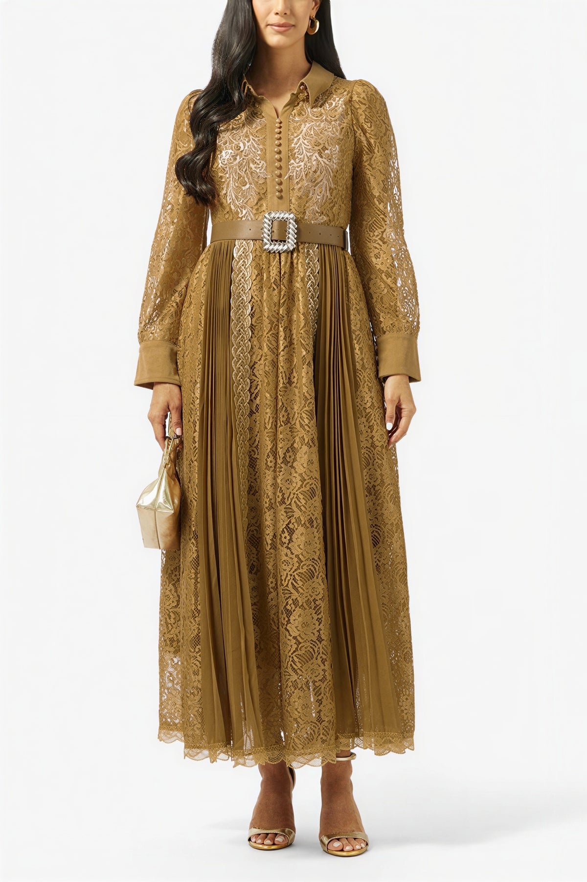 Lace Nail Bead Embroidery Pleated Midi Dress With Belt