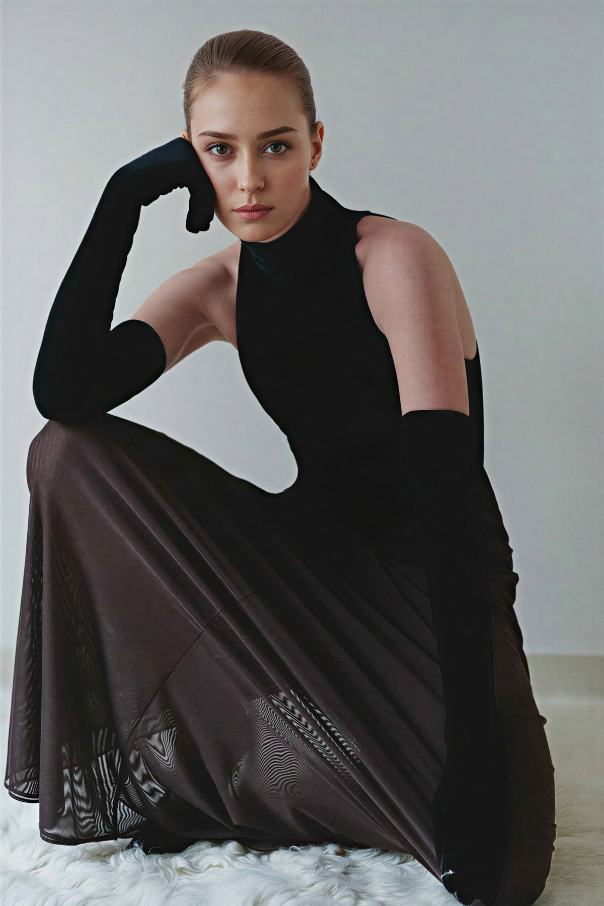 Velvet Splicing Gathering Maxi Dress With Gloves