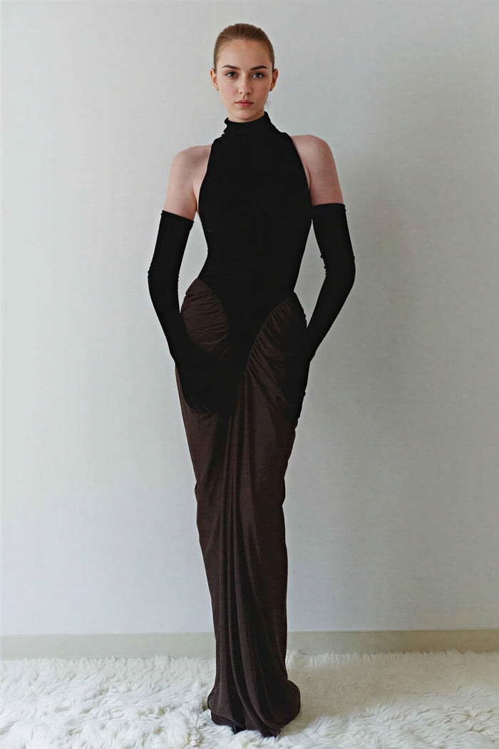 Velvet Splicing Gathering Maxi Dress With Gloves
