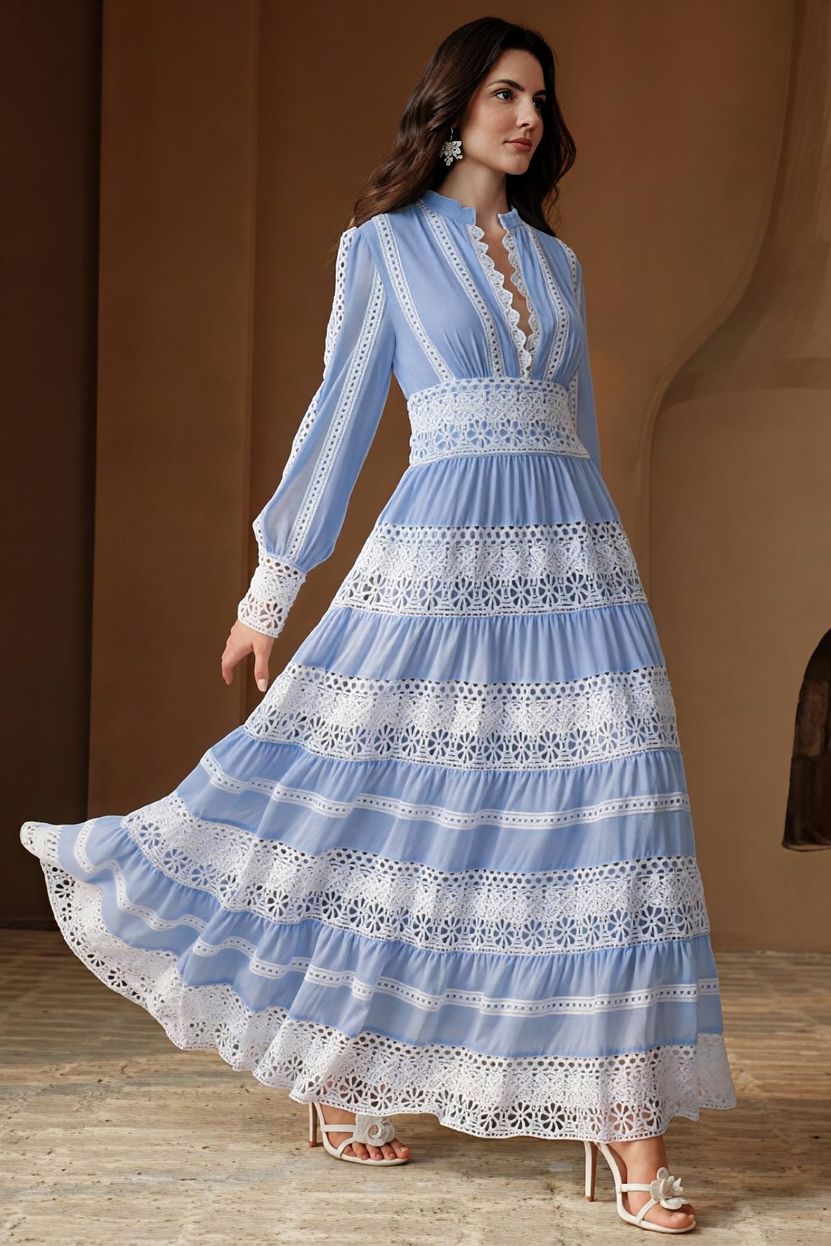 Lace Splicing Lantern Sleeve Midi Dress