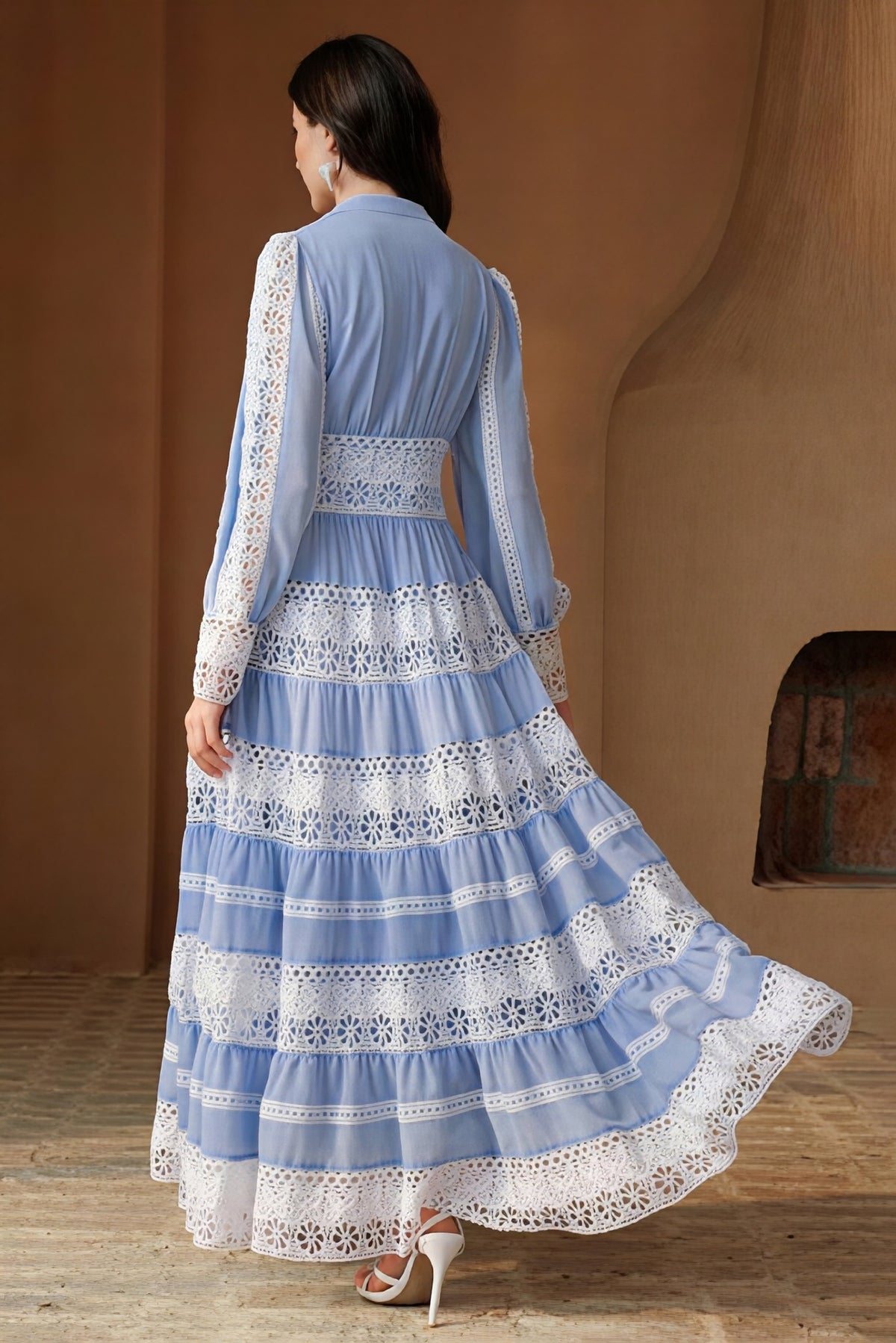 Lace Splicing Lantern Sleeve Midi Dress