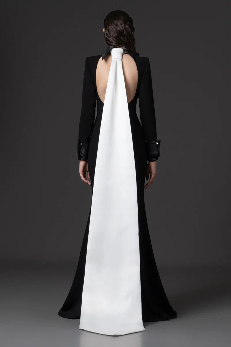 Contrast Color Backless Stand Collar Maxi Dress