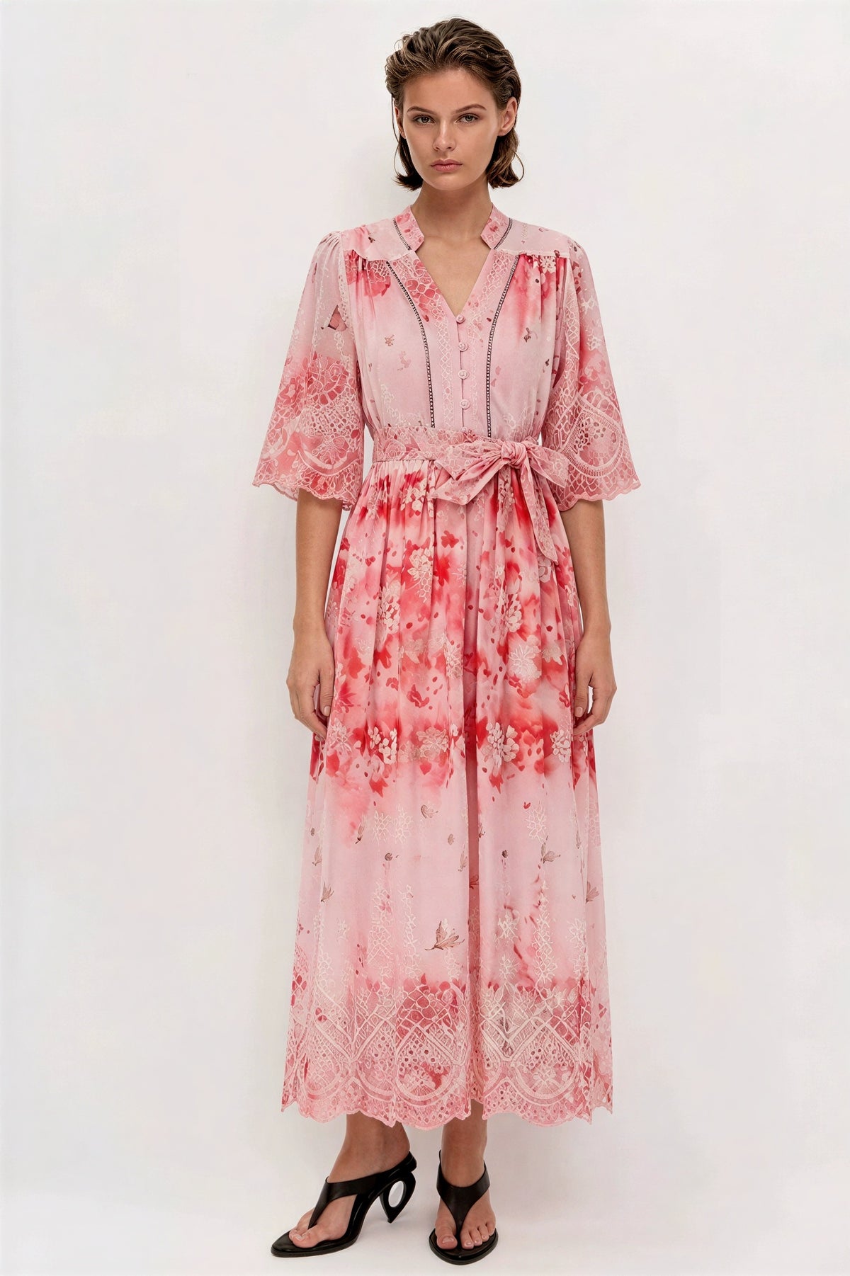 Floral Embroidered Midi Dress With Belt