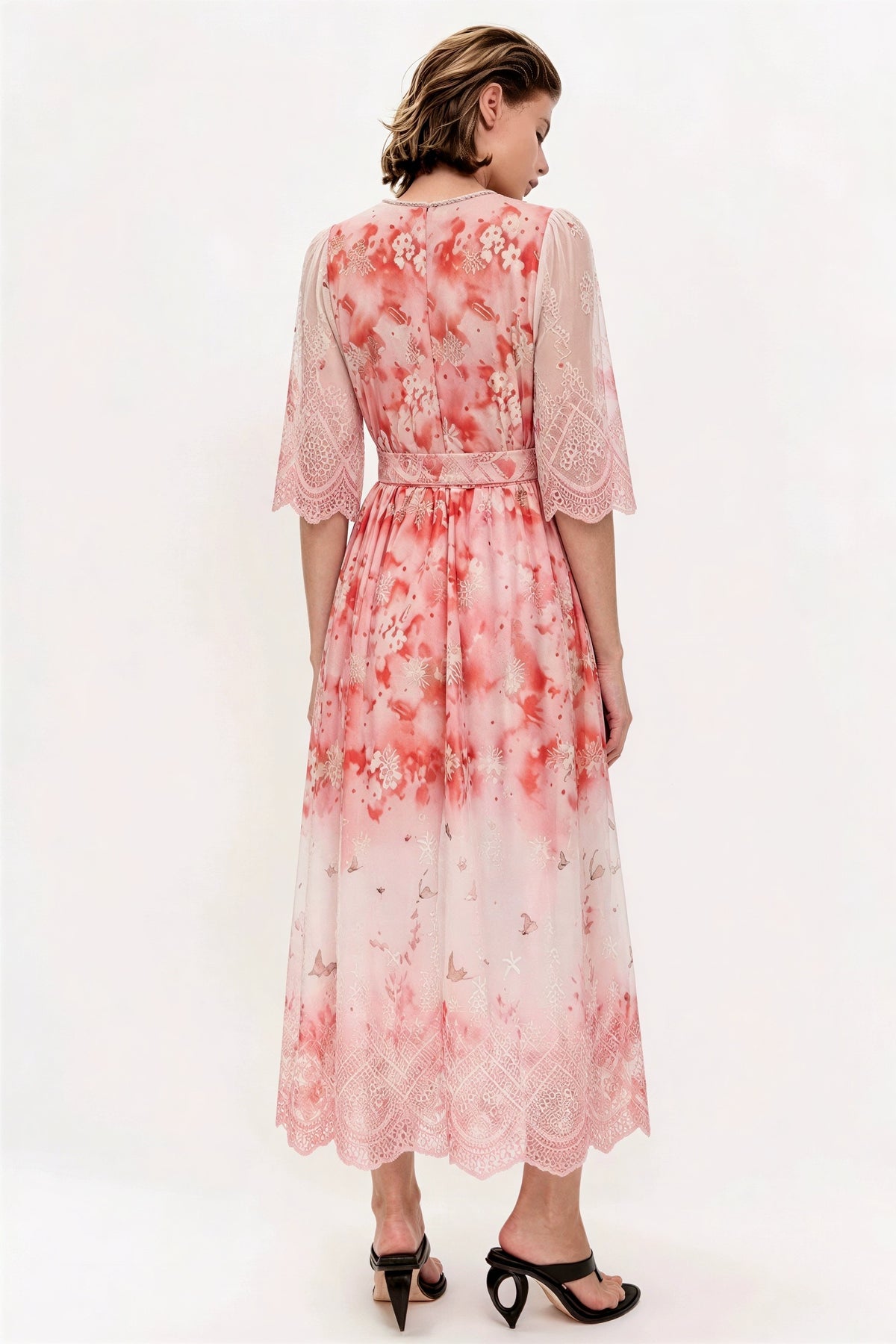 Floral Embroidered Midi Dress With Belt