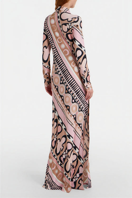 Abstract Print Shirt Collar Slit Maxi Dress