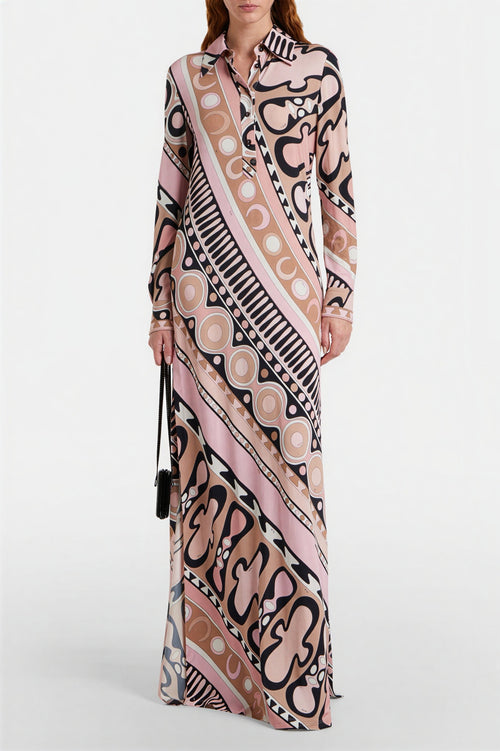 Abstract Print Shirt Collar Slit Maxi Dress