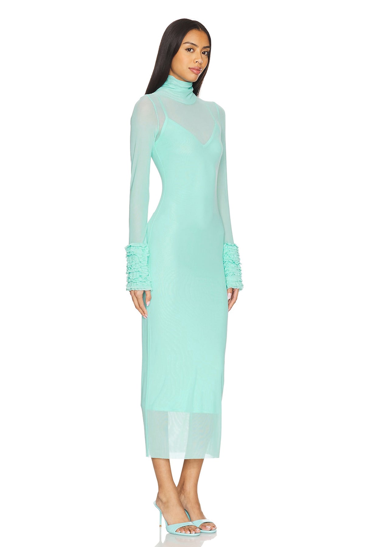 High Neck Frill Long Sleeve Midi Dress