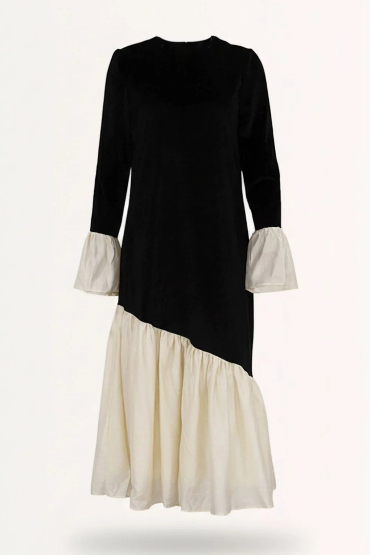 Contrast Color Velvet Bell Sleeve Midi Dress