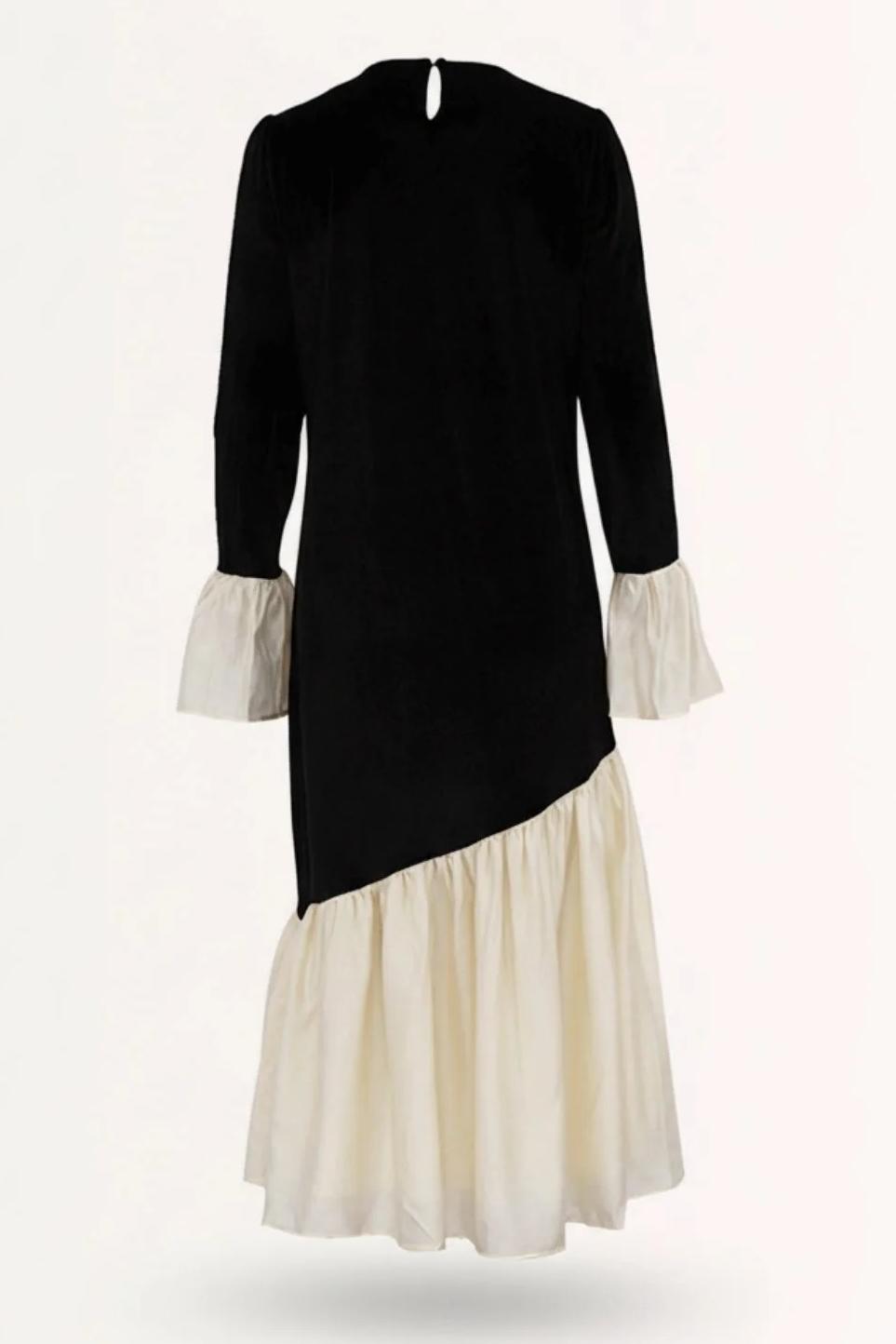Contrast Color Velvet Bell Sleeve Midi Dress